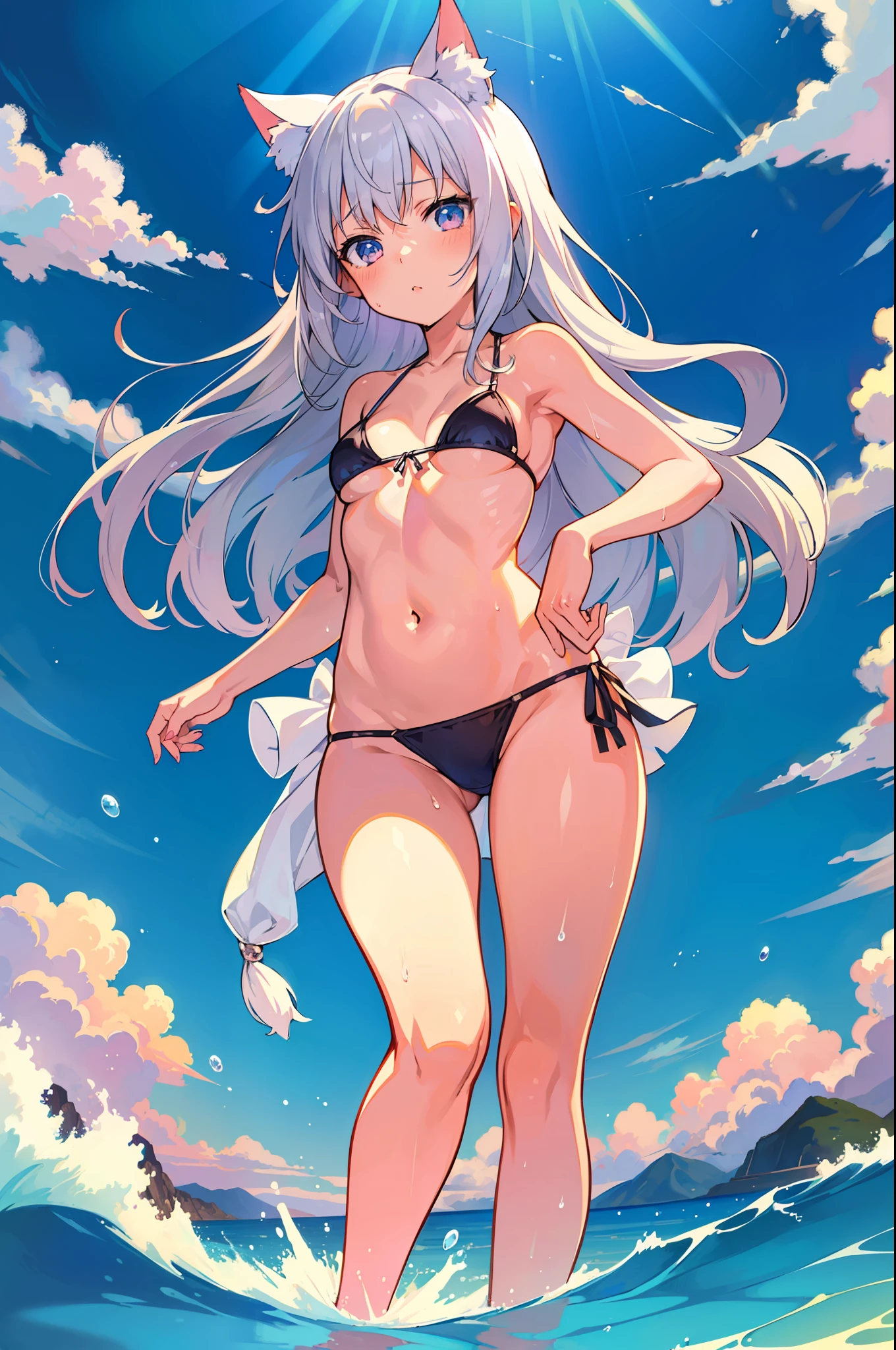 (Masterpiece), (Top Quality Anime Illustration), (Super Definition), One Girl, Solo, Beautiful Girl with Silver Hair, Anime , Cat Ear Lolitite, Cleavage Emphasis, Underboob, Thigh Emphasis, Thin White Micro Bikini, Sheer Wet, Shameful, South Island Sea, Water