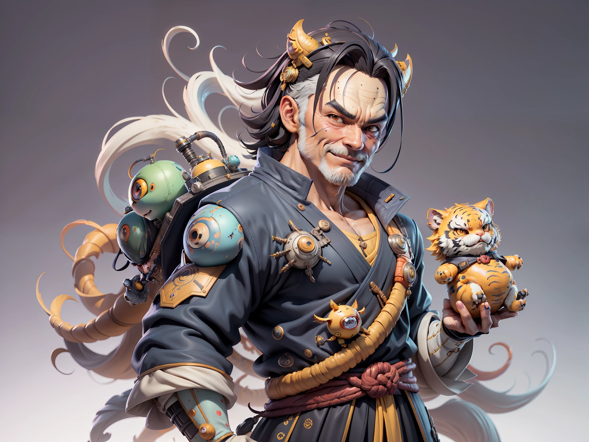 (Masterpiece), (Excellent), (Super Meticulous), (Full Body: 1.2), Super Young Man with Japanese Female Geisha, Beauty, Chinese Dragon, Tiger, Wind God Thor, Sexy, Bursting, Oriental Face, TV Anchor, Bust Portrait Illustration, Black Suit, Blue Tie, Slightly Chubby, Very Clean Face, No Beard, Black Super Short Hair, Black Eyes, Confident Smile, 3c Computer Sub-Products, iPad, iPhone, Digital Painting, 3D Character Design by Mark Claireden and Pixar and Hayao Miyazaki and Akira Toriyama, The illustration is a high-definition illustration in 4K resolution with very detailed facial features and cartoon-style visuals.