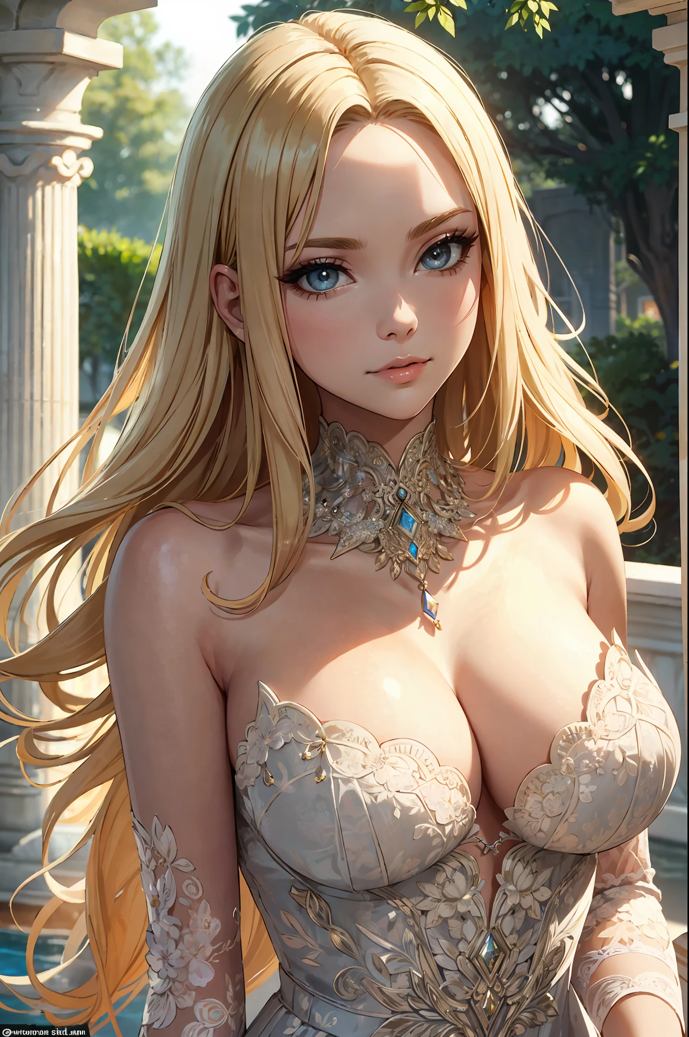 best quality, masterpiece, highly detailed, delicate, intricate, beautiful woman, professional makeup, smug face, detailed eyes, detailed  face, boobs, cleavage, blonde hair, expensive strapless party dress, sexy, nice proportions, sharp focus, luxurious mansion, garden, poolside, photoshoot, night time, back lighting