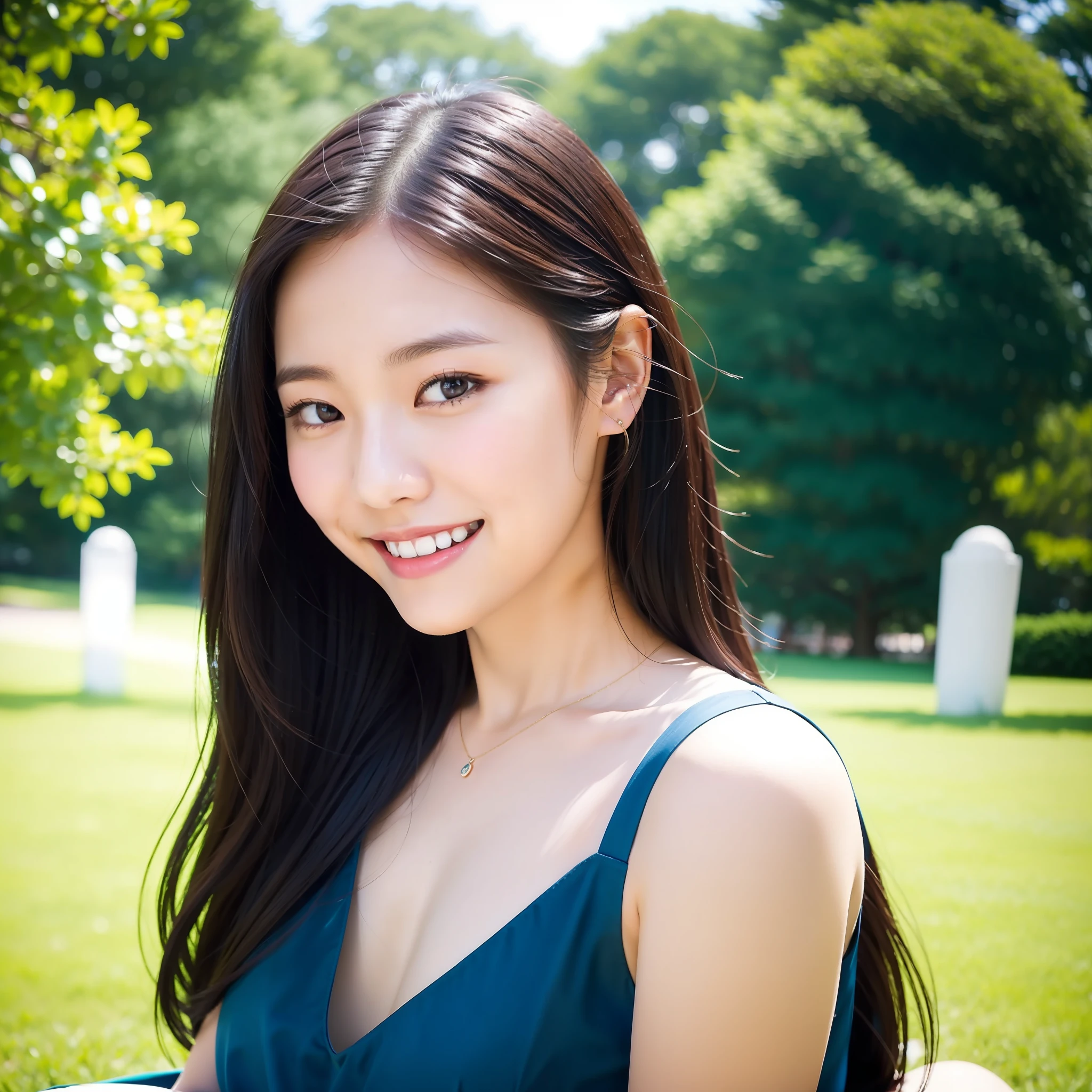 In the park, a simple young girl sits quietly on a bench, her black hair naturally falling on her shoulders, only gently fluttering when the slight breeze blows. She looks very comfortable wearing a long blue dress, and the loose design of the skirt allows her body to breathe freely and looks very natural. Her skin is smooth and soft, fair as jade, and looks fresh and smiling in the sun,