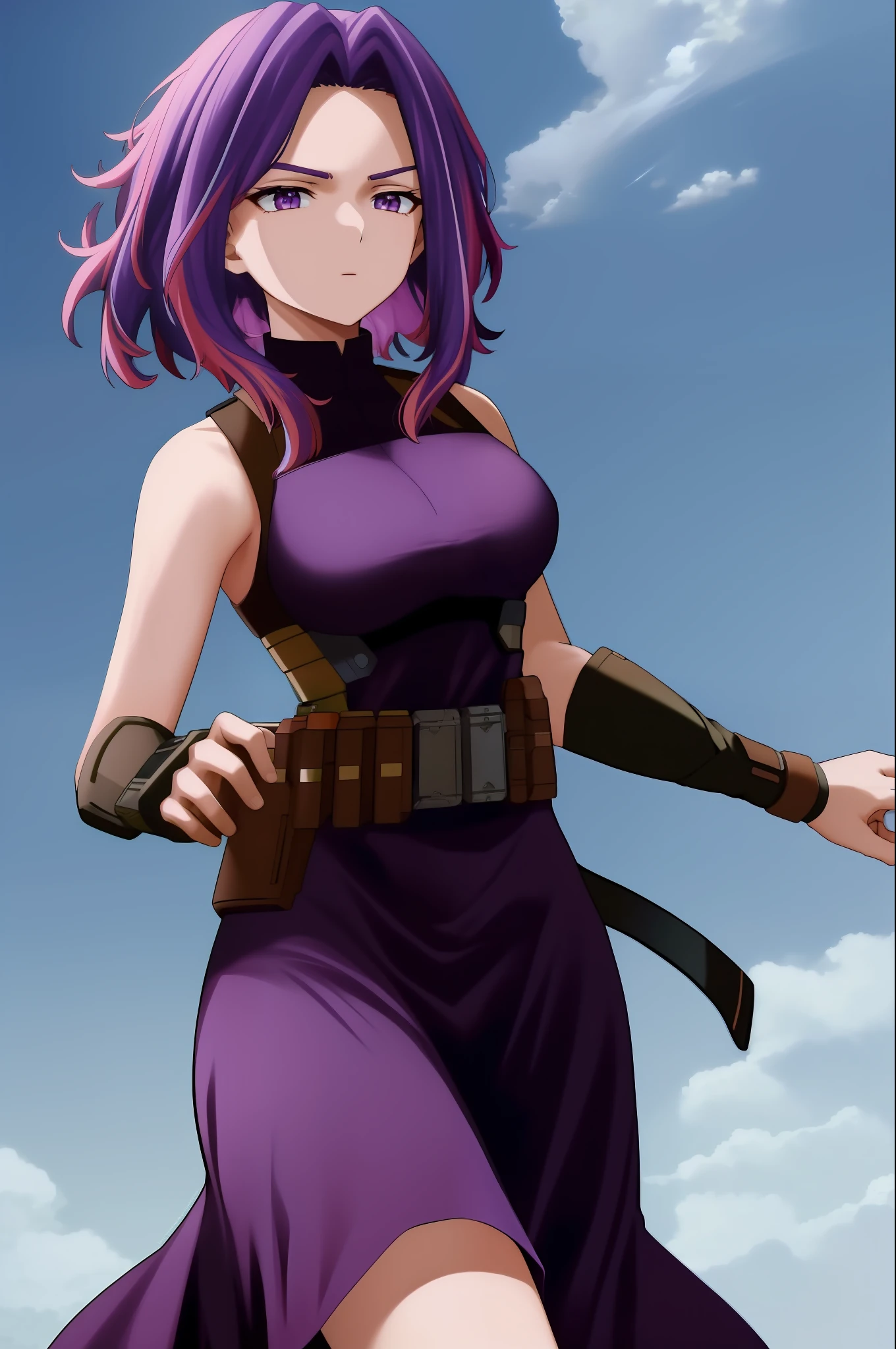 scan, (extremely detailed CG unity 8k wallpaper:1.1), highres, (1girl), lady nagant, boku no hero academia, (purple hair), (multicolored hair), (purple eyes), black dress, sleeveless, breasts, belt