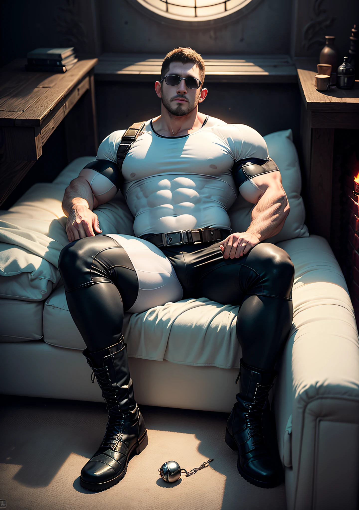 Character design (Resident Evil - Chris Redfield), wearing a milky white dress, lying on a sofa stained with milky white Slime, muscle hero, Buzz Cut, tall, burly, muscular! Wearing black sunglasses, tall burly, thickened thermal fleece spandex white tights, symmetrical floral texture design tights, super buff and cool, high resolution committee, black military boots, attractive strong male, warm flame burning in the bedroom fireplace