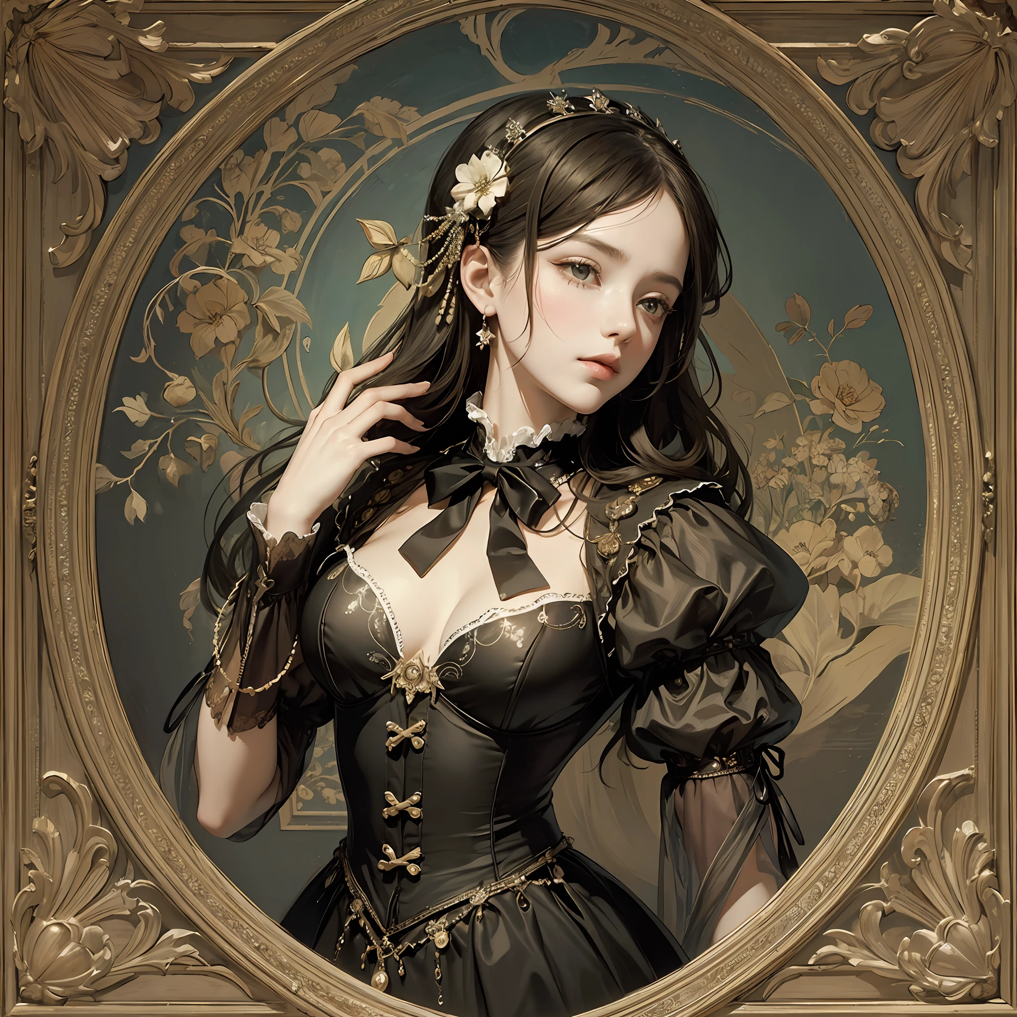(Pure Color: 0.9), (Color: 1.1), (Masterpiece: 1,2), Best Quality, Masterpiece, High Resolution, Original, Highly Detailed Wallpaper, Beauty, Victorian, Dress, Sad, Small Face, Big Breasts, Sepia --auto --s2