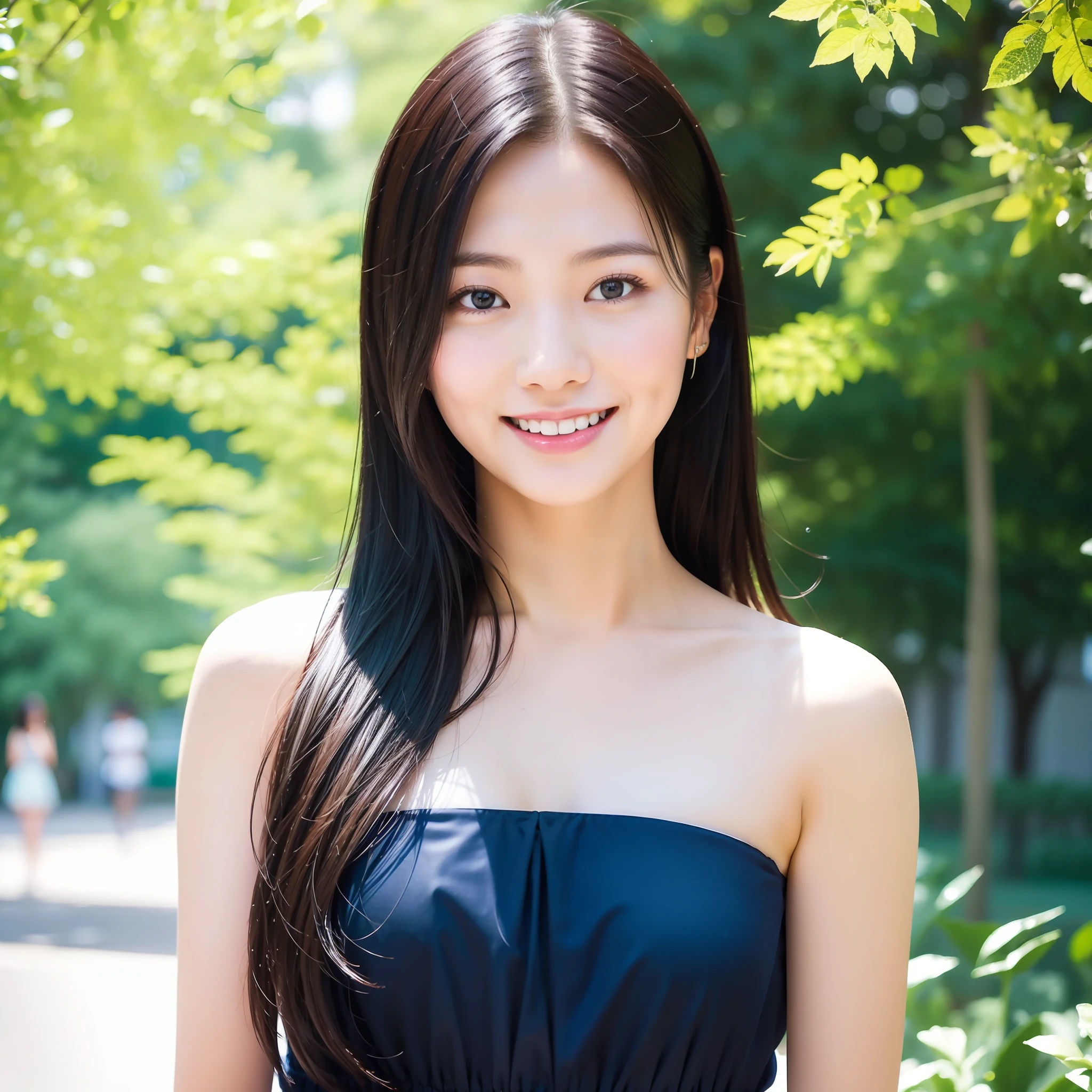 In the park, a simple young girl sits quietly on a bench, her black hair naturally falling on her shoulders, only gently fluttering when the slight breeze blows. She looks very comfortable wearing a long blue dress, and the loose design of the skirt allows her body to breathe freely and looks very natural. Her skin is smooth and soft, white as jade, and looks fresh and smiling in the sun