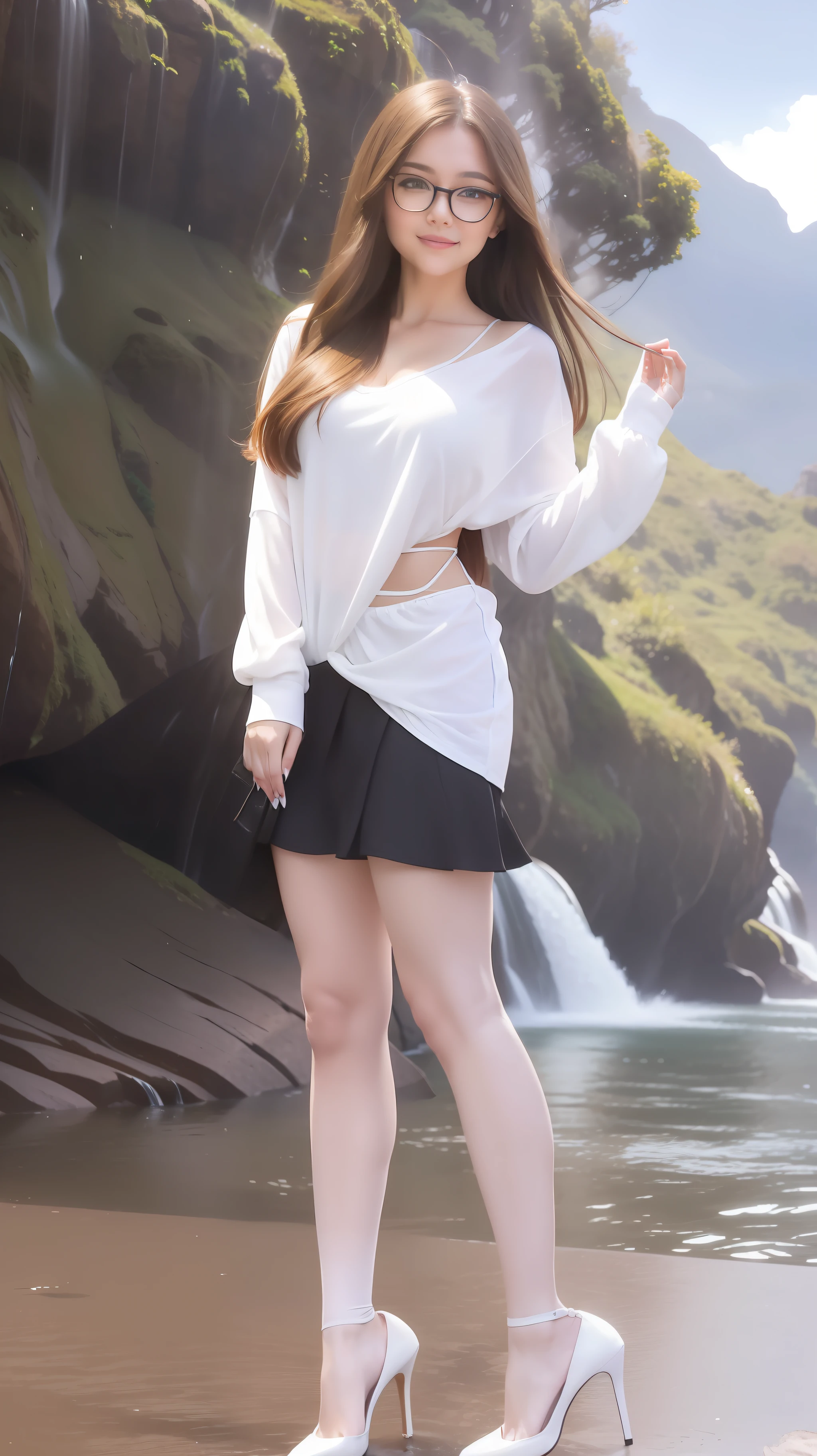Internet celebrity face beautiful little sister, brown hair, smile, wearing a pair of glasses, looking at the public, behind the mountain is a beautiful waterfall, thin waist, full breasts, white shirt, black pantyhose, beautiful short skirt, high heels, gorgeous, perfect body beauty, super fine face, fine big eyes, full body standing, you can see the shoes worn