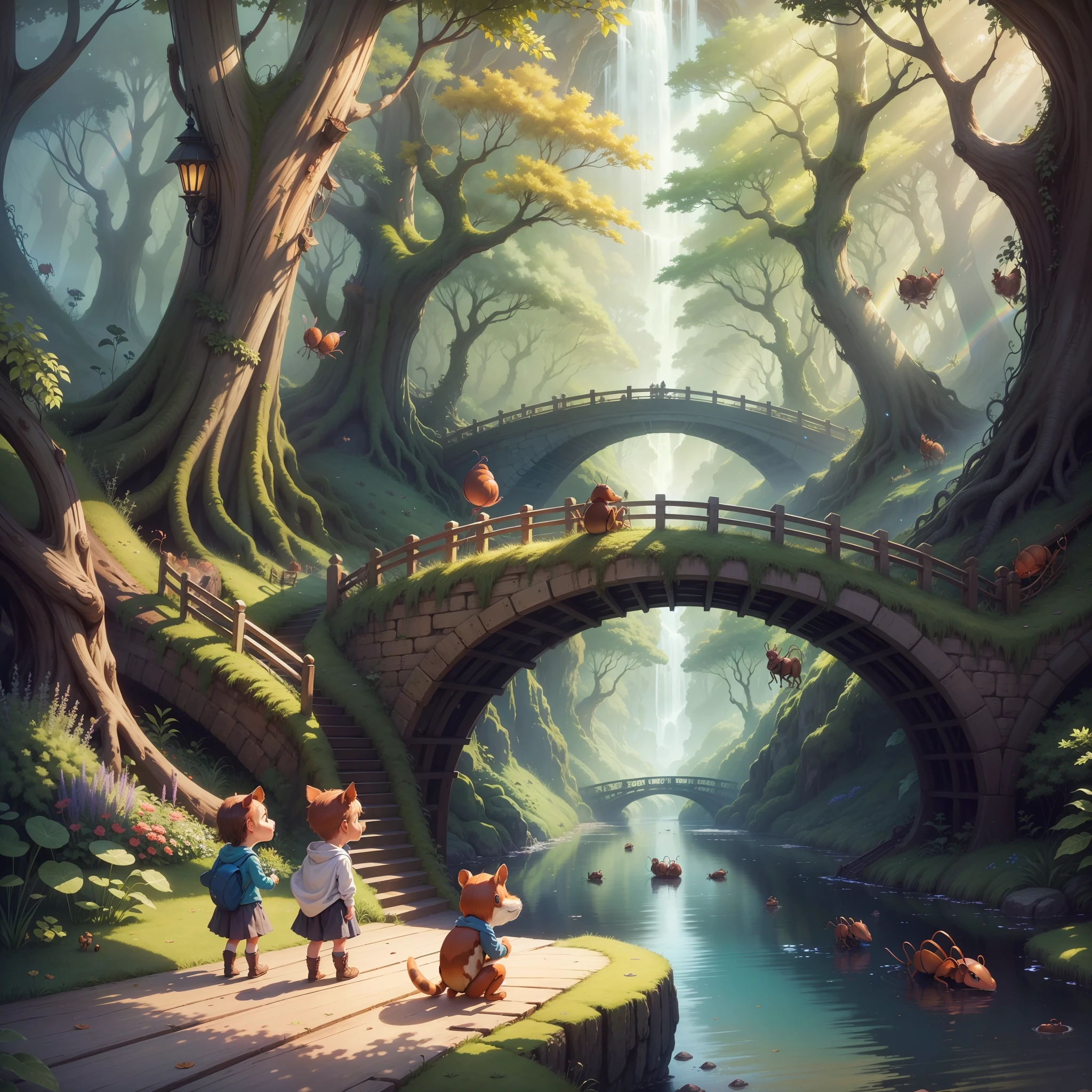 Suggestion for children's book cover. Animal ants. enchanted forest. enchanted world. bridge and creek. rainbow --auto --s2