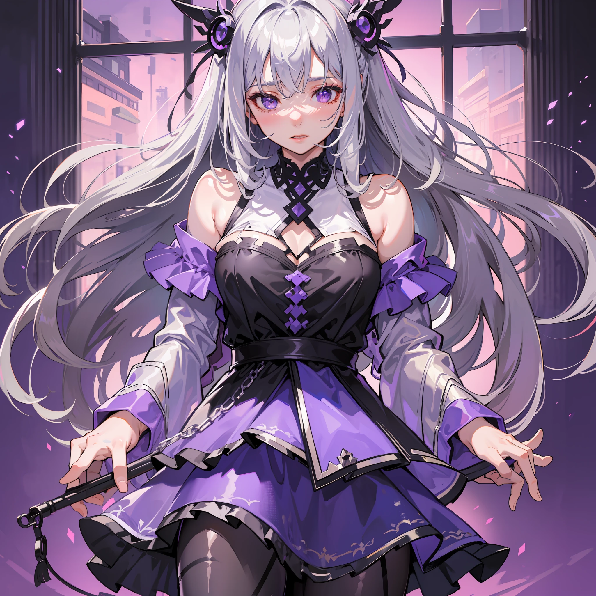 gray hair, long hair, purple eyes, glowing eyes, skirt, morning, mature, recovery magic