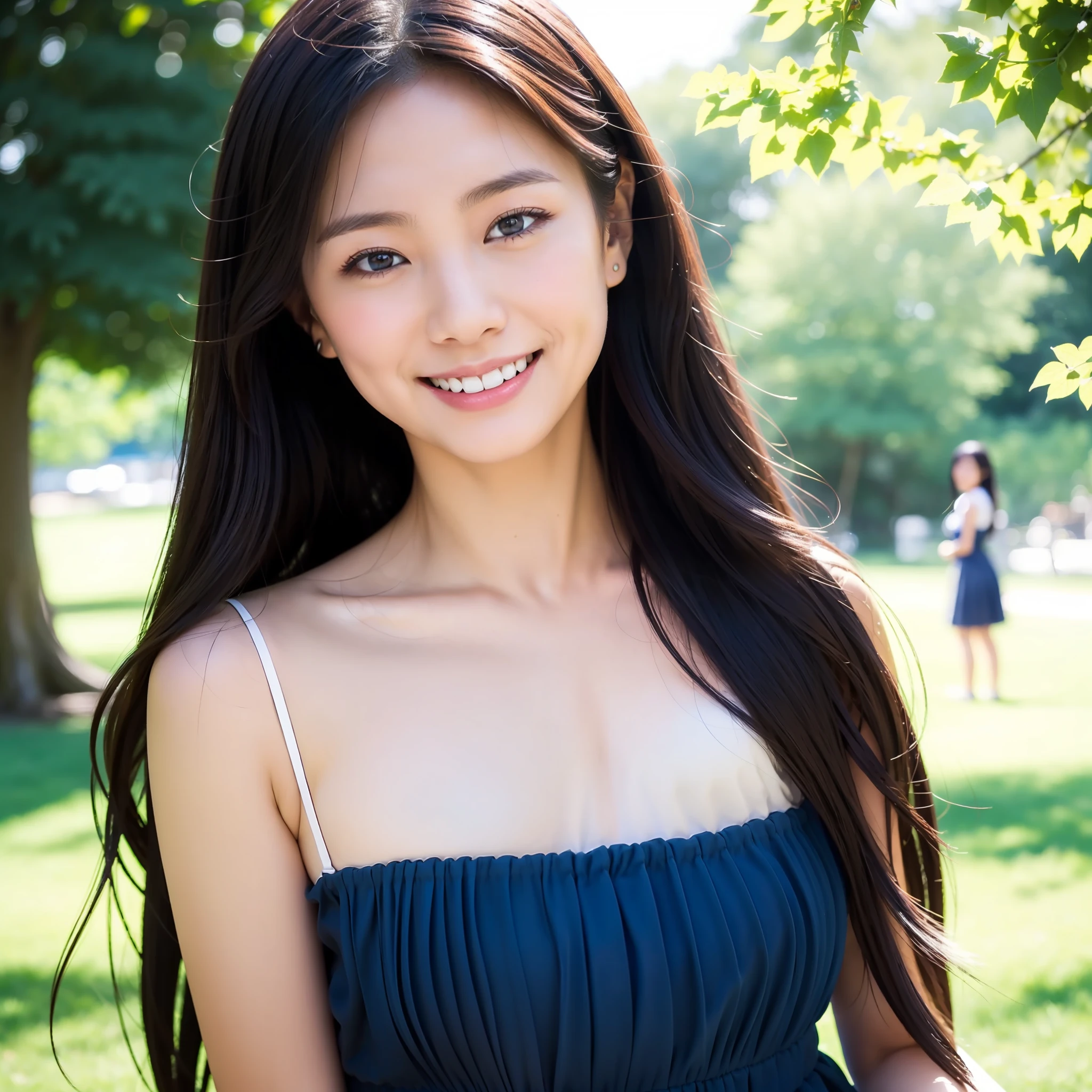In the park, a simple young girl sits quietly on a bench, her black hair naturally falling on her shoulders, only gently fluttering when the slight breeze blows. She looks very comfortable wearing a long blue dress, and the loose design of the skirt allows her body to breathe freely and looks very natural. Her skin is smooth and soft, white as jade, and looks even more fresh in the sun. Smiling