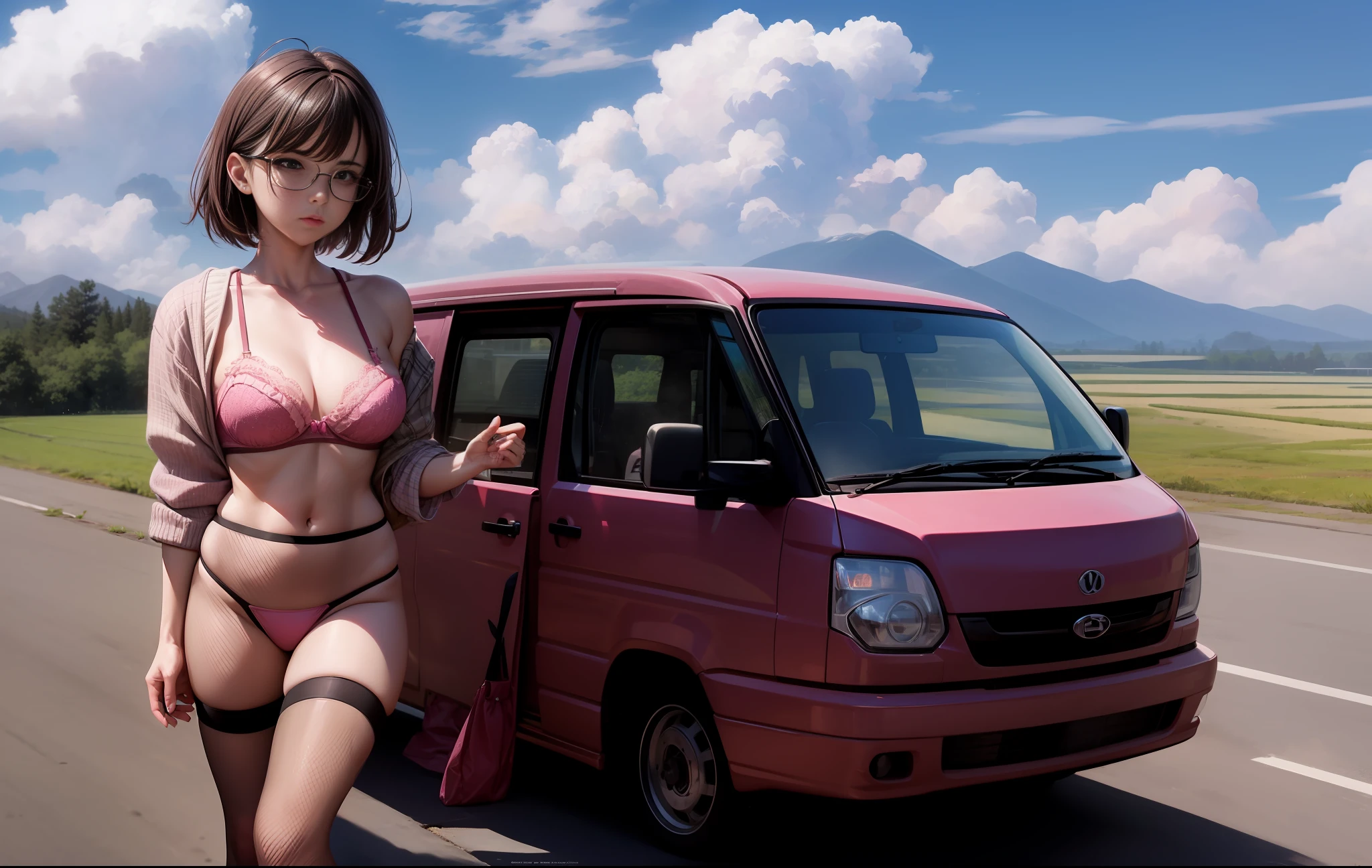 1girl, Walter White, Gijinka, glasses, cute pink underwear, fishnet stockings, naked clothing, undressed, bra, dark brown hair. Scenic rice field, Japanese pink van in background, (masterpiece:1.2), (best quality:1.3), (aesthetic face).