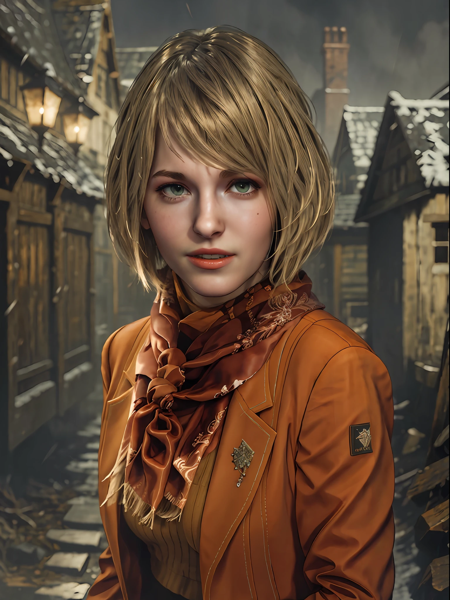 1 girl, solo, close up shot, Ashley Graham from resident Evil 4 Remake, face of Ella Freya, short hair, blonde hair, long sleeves orange jacket, scarf, small necklace, orange sweater inside, black sockpant, dark brown boots, smilling face, detailed face, breast, best quality, high resolution:1.2, 18th century village in the background, shadows, nightime, moonlight, depth of field, center focus