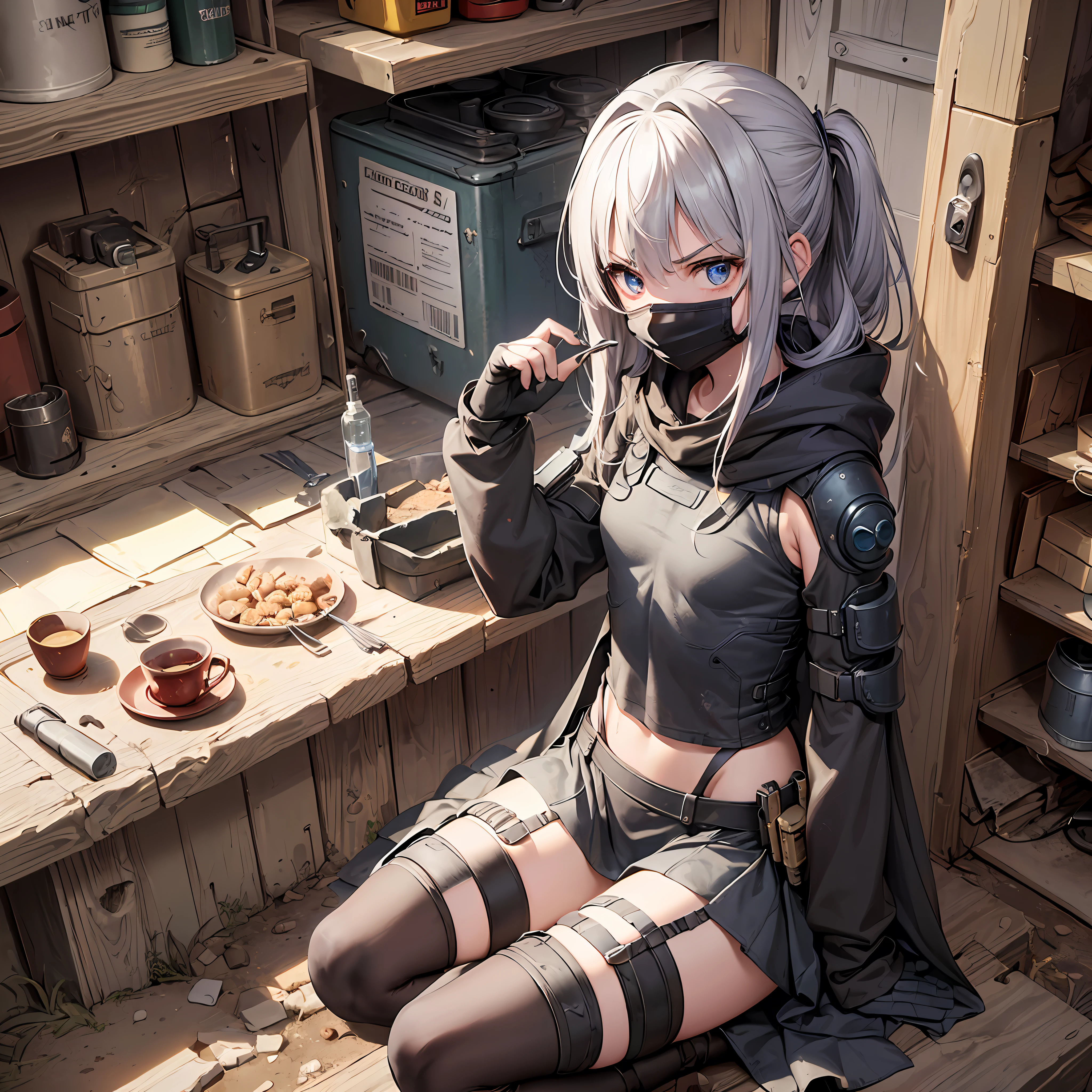 Detailed, Shadowvers Style, Masterpiece, Best Quality, 1girl, Solo, Slim, School, Indoor, , Full Body, ((( Character from the post-apocalyptic world))), Character is engaged in household chores, (((( medium chest))), ((Beautiful simple anime eyes)), ( The most frightened face)), ( The wasteland is visible), (( Mask clothes)), (( Cloak clothes),(( Canyon, Red Rocks))) , village ,(Sits on the sidelines), Full-length, ( Gloomy realistic color correction))), ((near the post-apocalyptic tank)), ((( very indignant face))), good anatomy, (((tiny in career)))