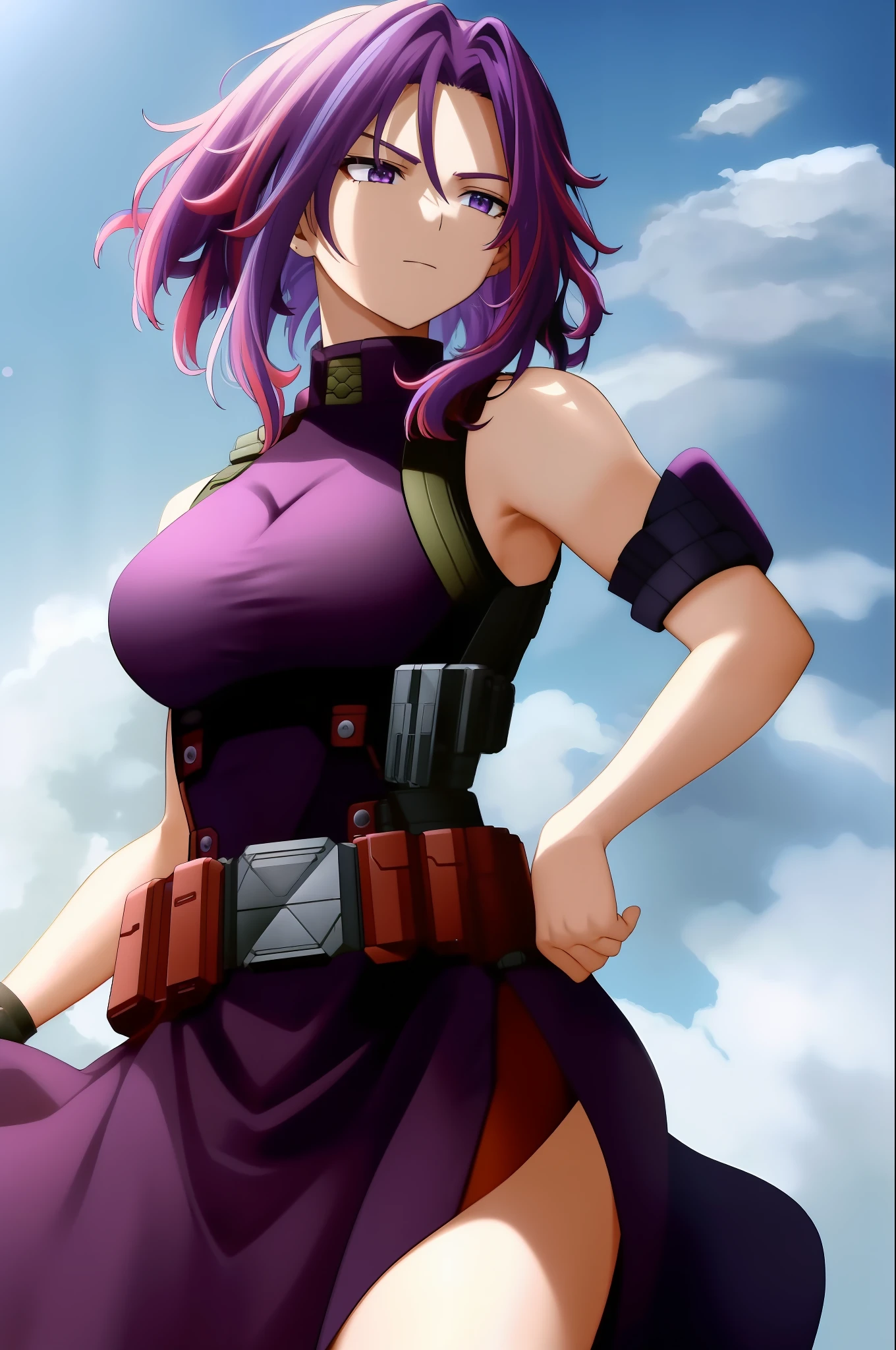 scan, (extremely detailed CG unity 8k wallpaper:1.1), highres, (1girl), lady nagant, boku no hero academia, (purple hair), (multicolored hair), (purple eyes), black dress, sleeveless, breasts, belt