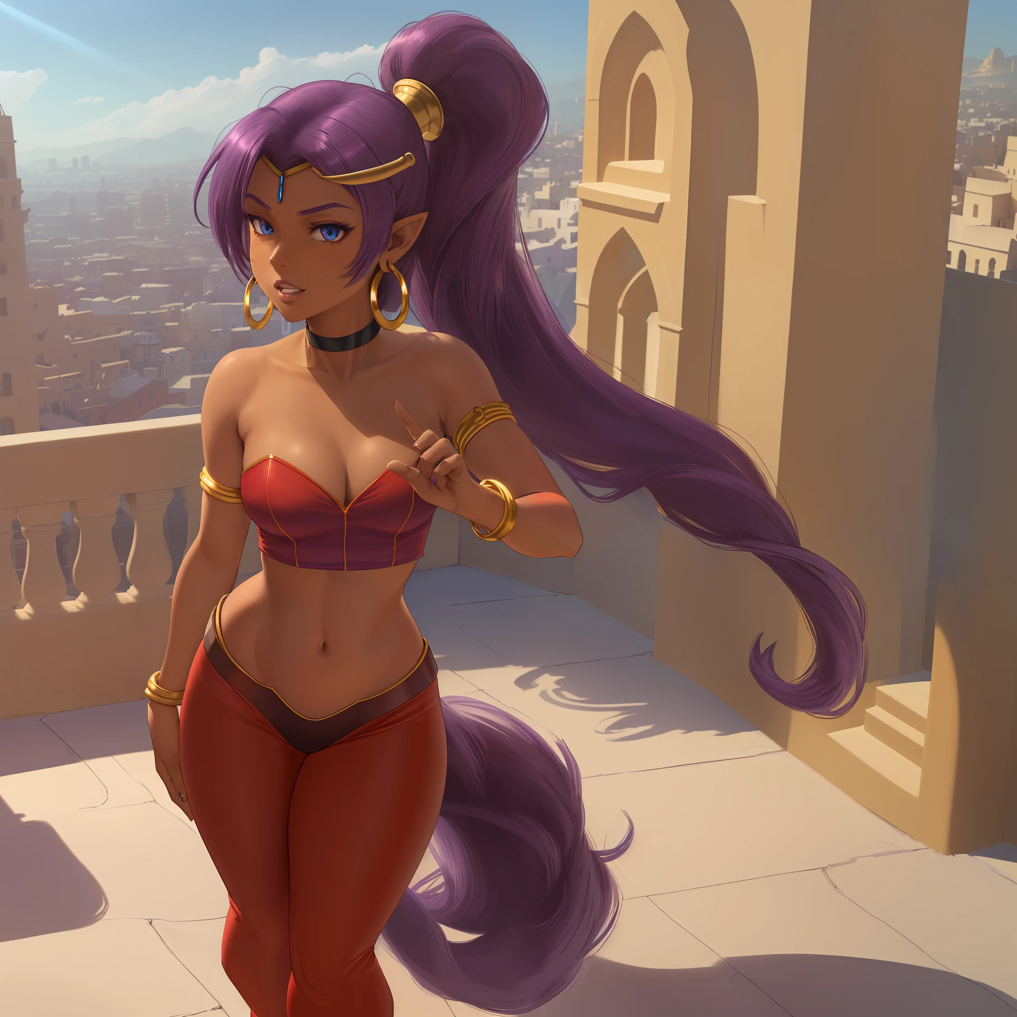 [Shantae], ((High definition)), ((detailed shading)), ((beautiful solo portrait)), ((1girl)), ((full body)), ((raw photo)), ((semi-realistic)), ((anime girl)), {attractive; (brown skin, (purple hair; long ponytail), (beautiful blue eyes), (excited expression; white teeth), (red pants; transparent), (red strapless top; midriff), (red arabian shoes), (armlet, bracelet, tiara, hoop earrings, choker), beautiful legs, curvaceous hips, beautiful lips}, (standing; looking ahead, dynamic pose), [background; arabian city, sunny, buildings, sun rays], (well drawn hands)