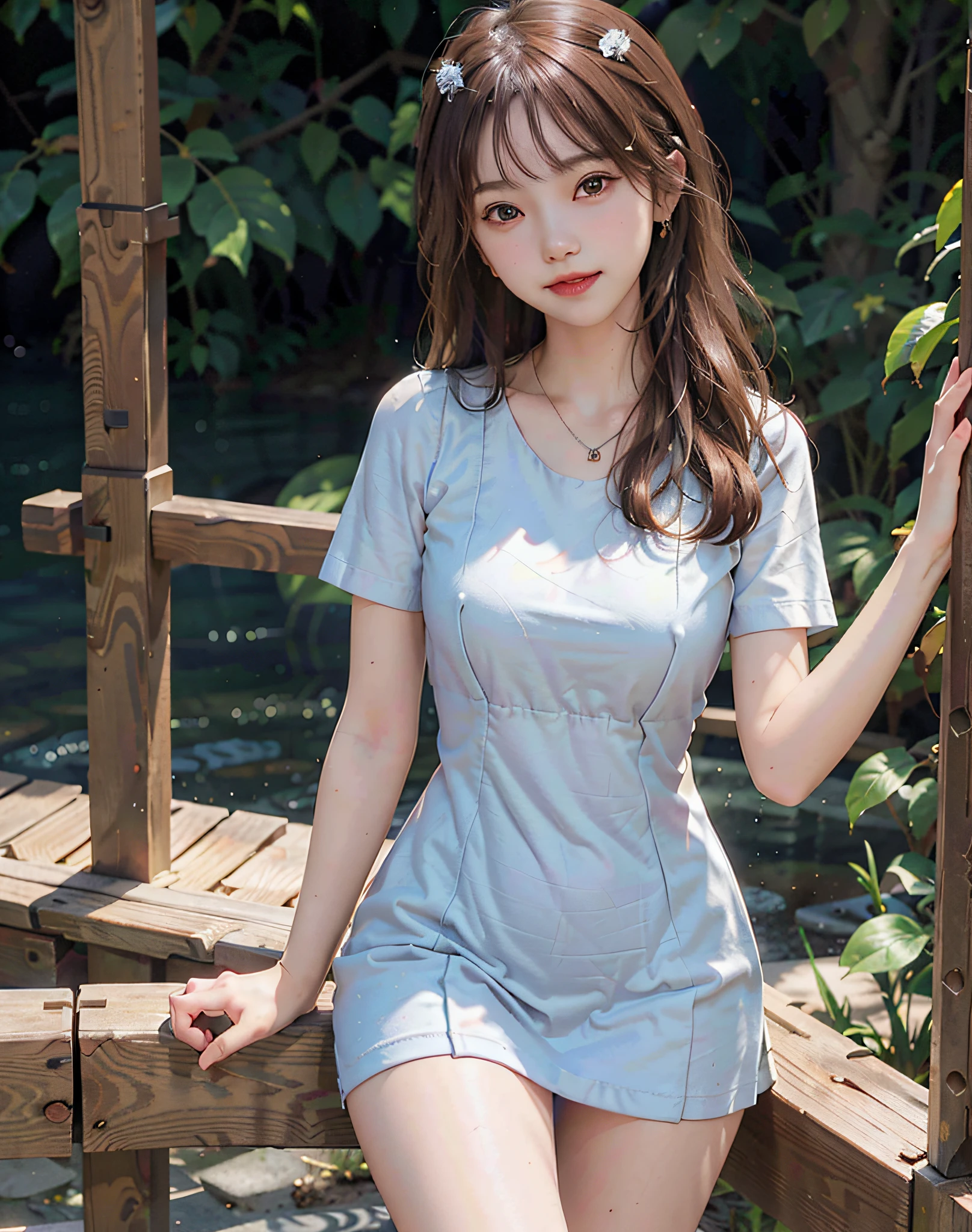 8k,(RAW photo),(best quality), (photo-realistic:1.4),realistic skin texture 1girl,Cute,Double eyelid,bangs,full body,petite,Thin leg,(Slender figure),slim,smile,headgear,earrings,necklace,looking at looking at viewer,face focus,depth of field,club ,(Bust Up Shot:1),Bokeh,,