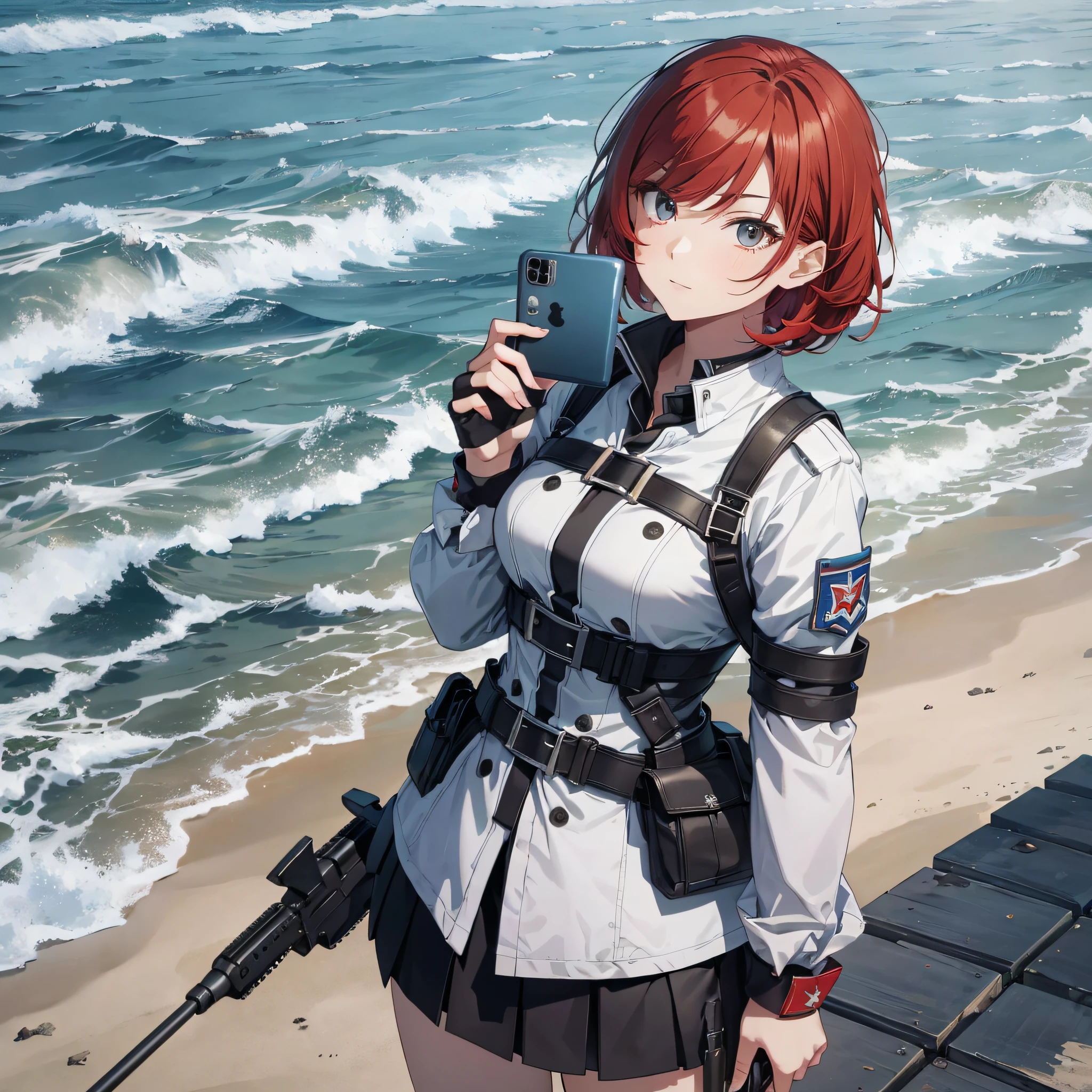 Absurd resolution, high resolution, (masterpiece: 1.4), hyper-detail, open dock weapons testing field by the sea, 1 young woman, short red hair, soldier costume, looking at a phone (1.2) Very serious expression