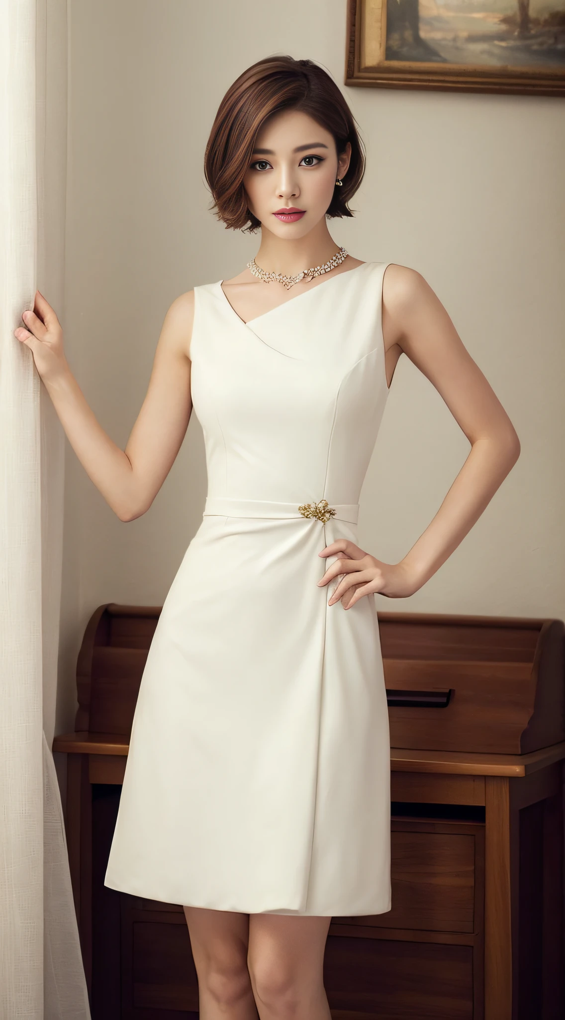 Professional dress woman photo, best quality, masterpiece, (realism: 1.2), short hair