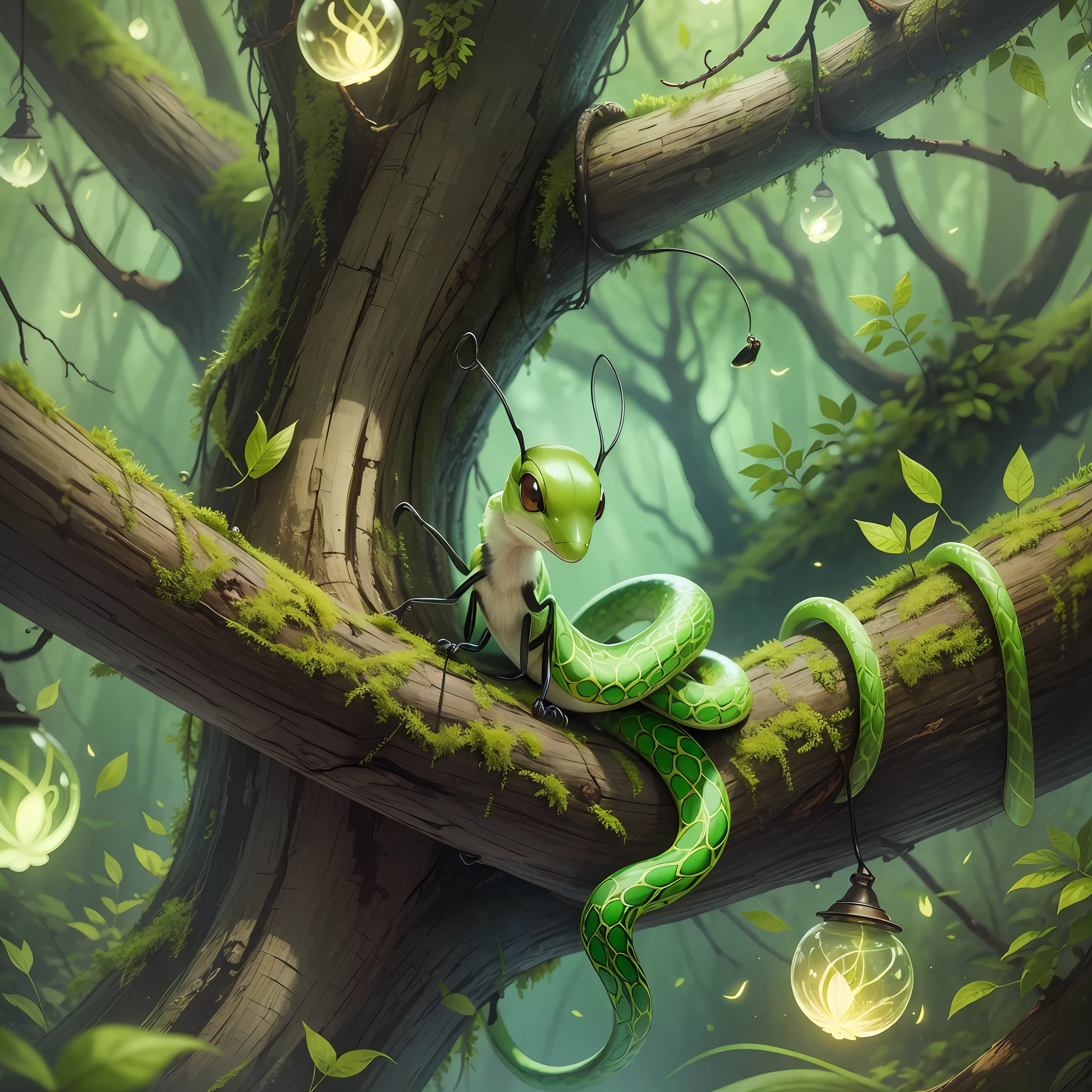 ant animal. Green snake on tree. enchanted world. forest. Fireflies lit --auto --s2