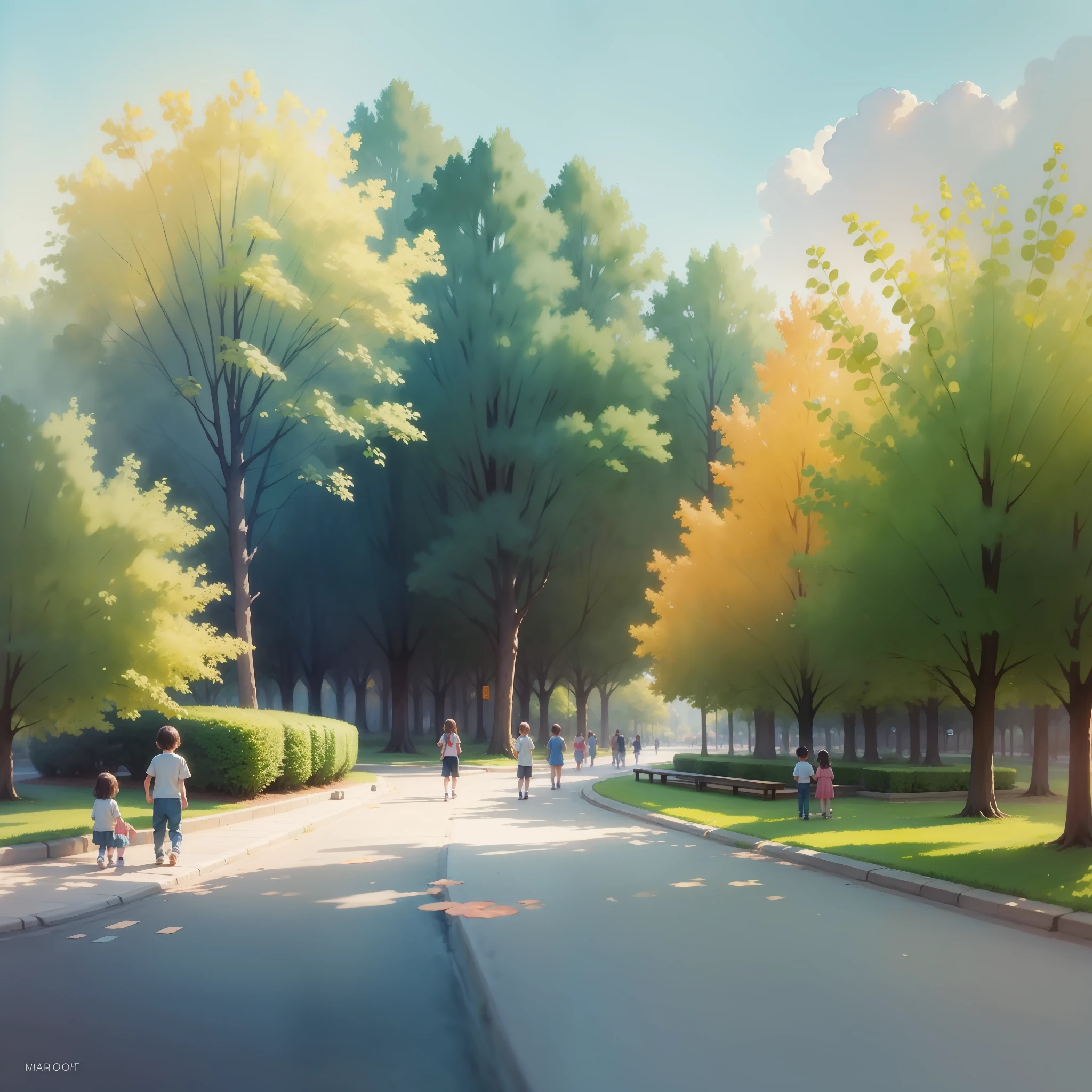 park, children, artwork, watercolor