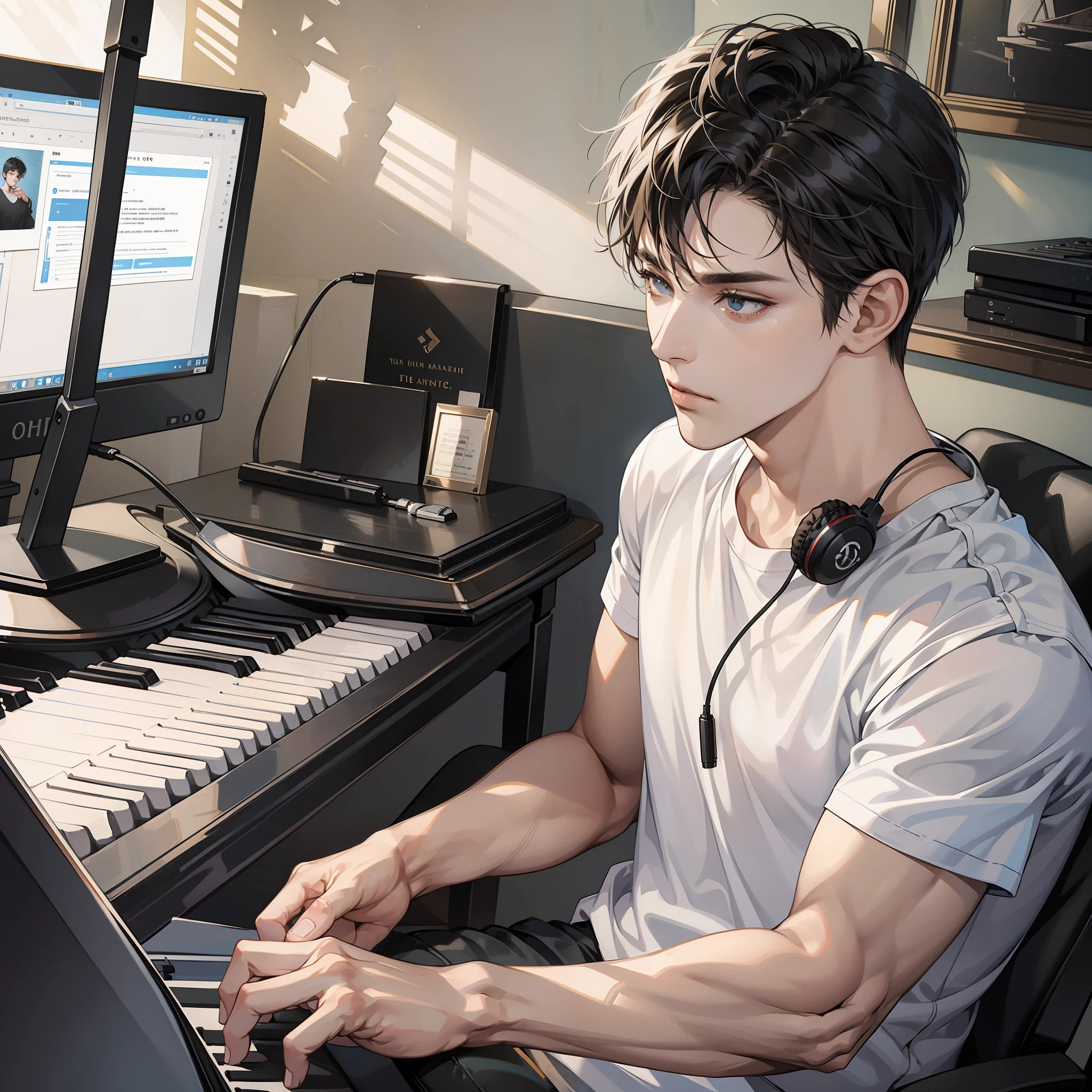 Masterpiece, high quality, best quality, HD, realistic, perfect lighting, detailed body, 1 man, short black hair, white t-shirt, serious expression, wearing headphones, sitting in front of the piano, facing the computer monitor, in the room