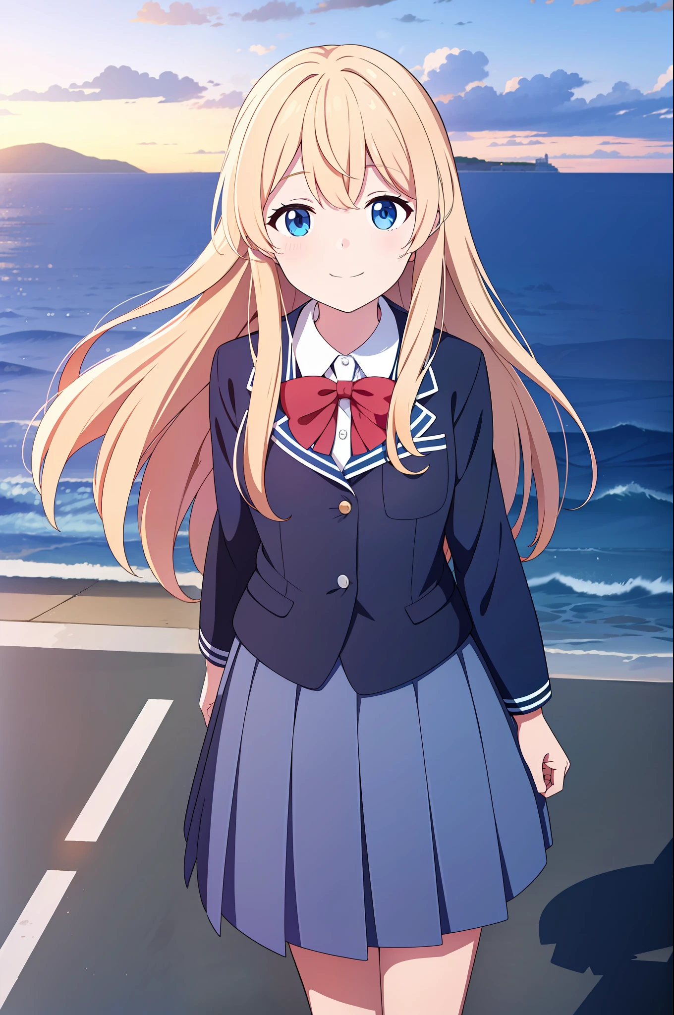 A maiden, seaside, dusk, shadow, school uniform, smile, best quality, super high resolution, light hair, light