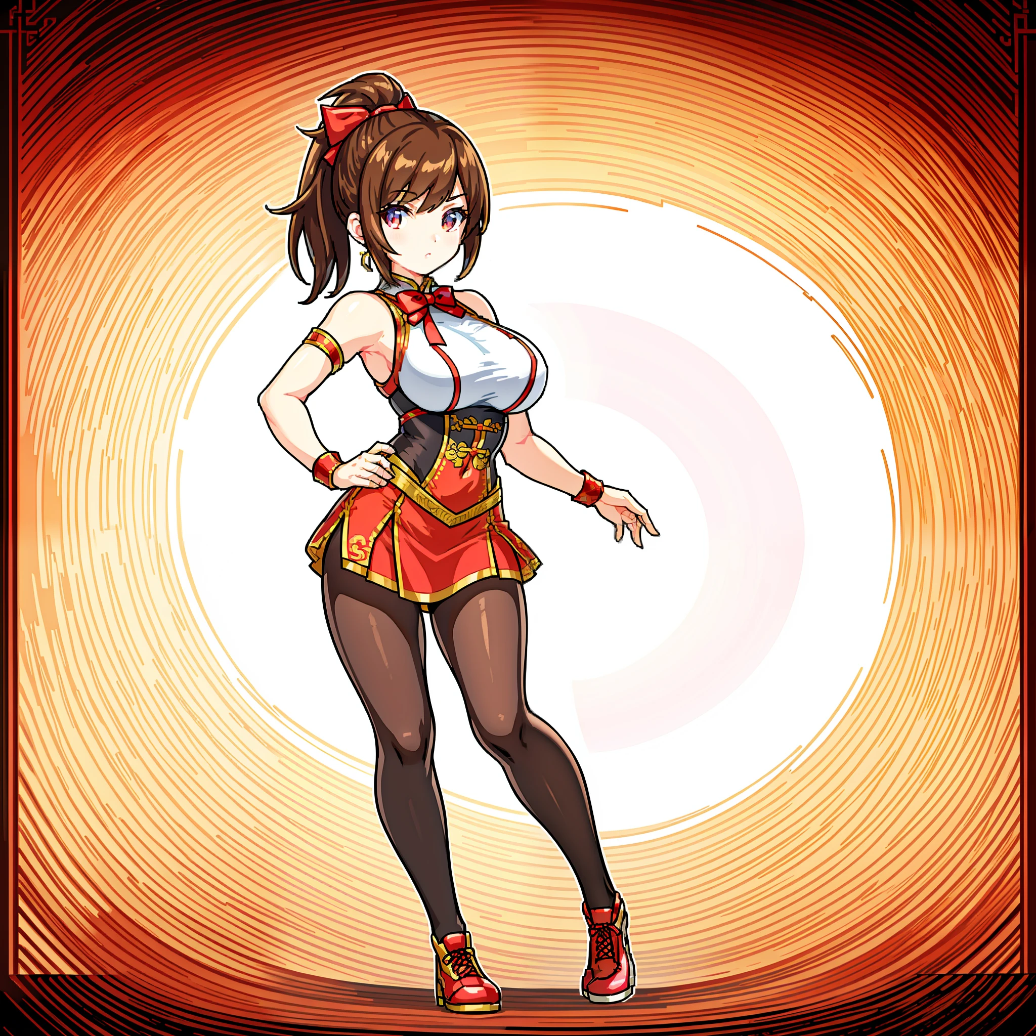 UHD, retina, masterpiece, accurate, anatomically correct, super detail, high details, high quality, award winning, best quality, highres, good anatomy, 1080P, HD, 4K, 8k, 16k, 1girl, short brown hair, long thin ponytail, red bow behind head, big breast, one leg up, kicking pose, dynamic pose, hands straight, wearing a red chinese inspired outfit, split skirt, wearing see through black tights