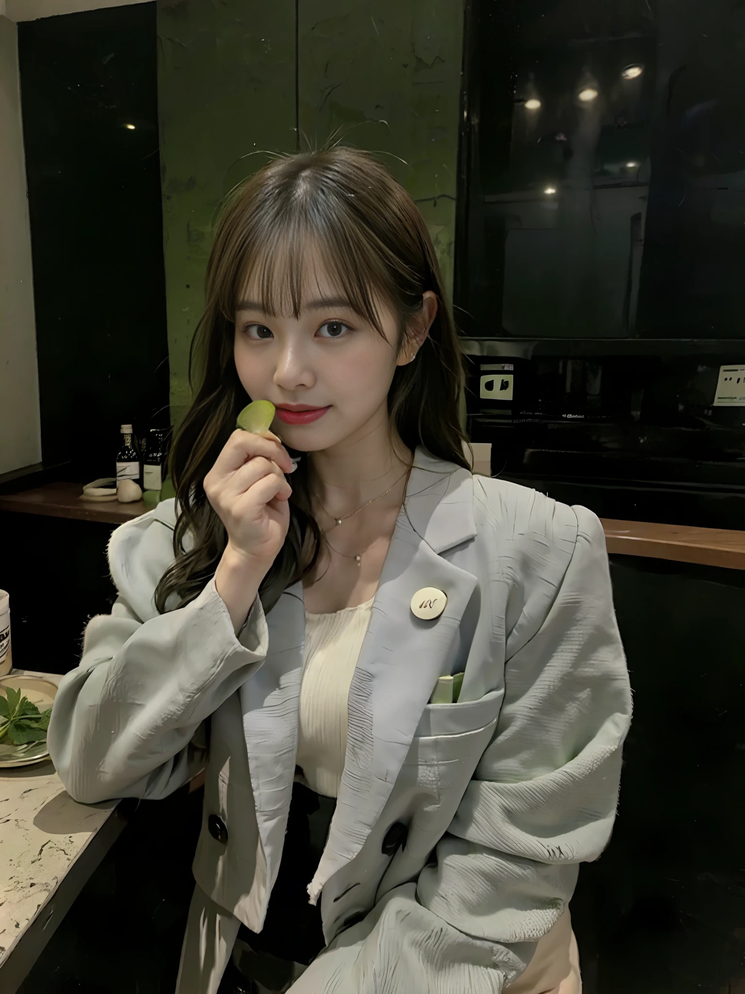 Matcha latte, woman leaning against counter, pale colored Chanel collarless jacket, Mayumi Wakamura, adult woman, sexual expression, loptin and matcha, tsuyu from twice, drink, 🍸🍋
