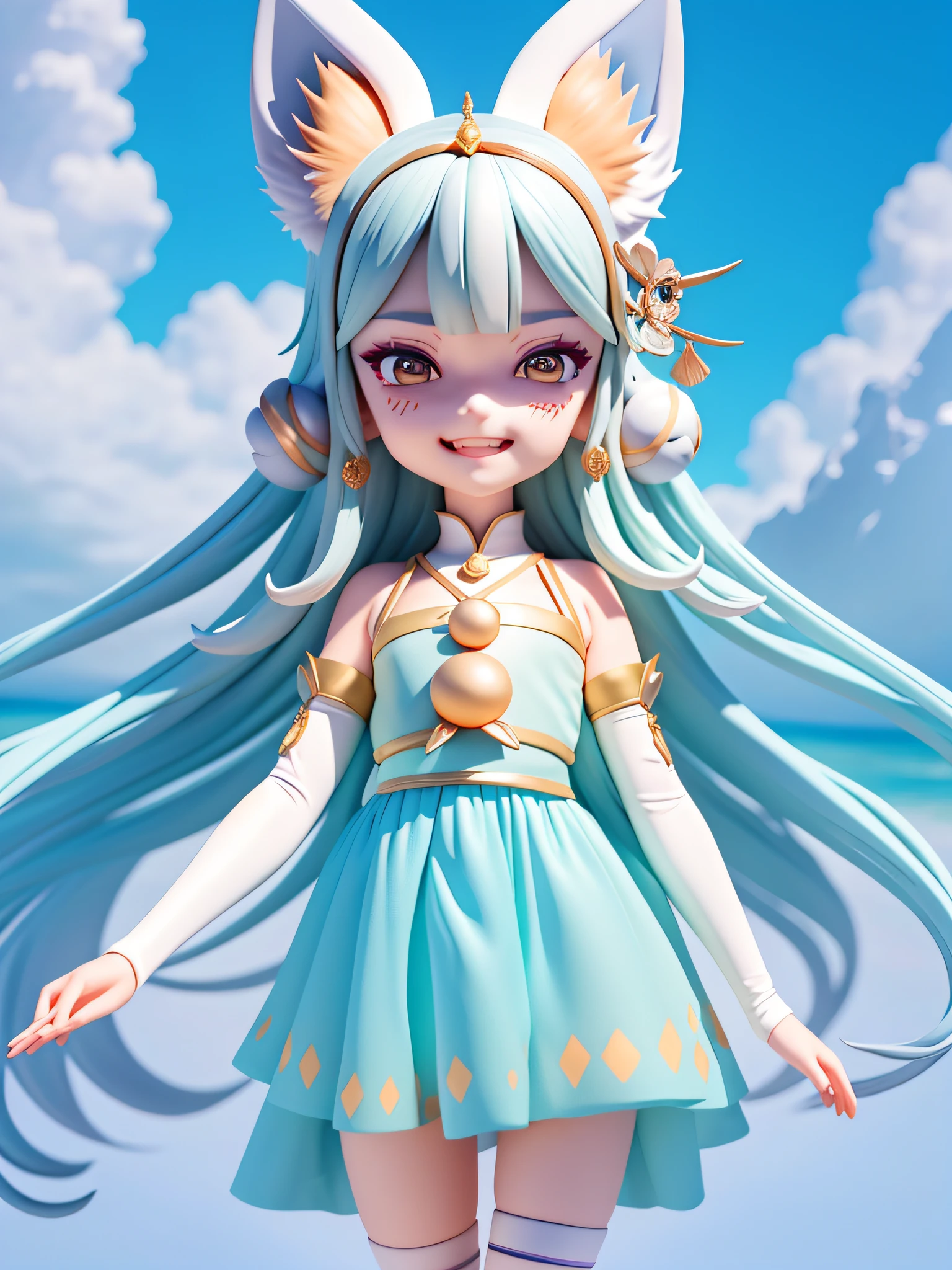 asymmetrical bangs, jewelry, ahoge, silver hair, forehead protector, colored eyelashes, fox ears, glint, anime, anime style, sparkle, reflection light, bloom, perspective, panorama, vanishing point, Wide-Angle, Ghibli-like colours, UHD, masterpiece, anatomically correct, super detail, high details, high quality, best quality, 8k, smiling face, half-closed eyes, opened mouth, grinning teeth
