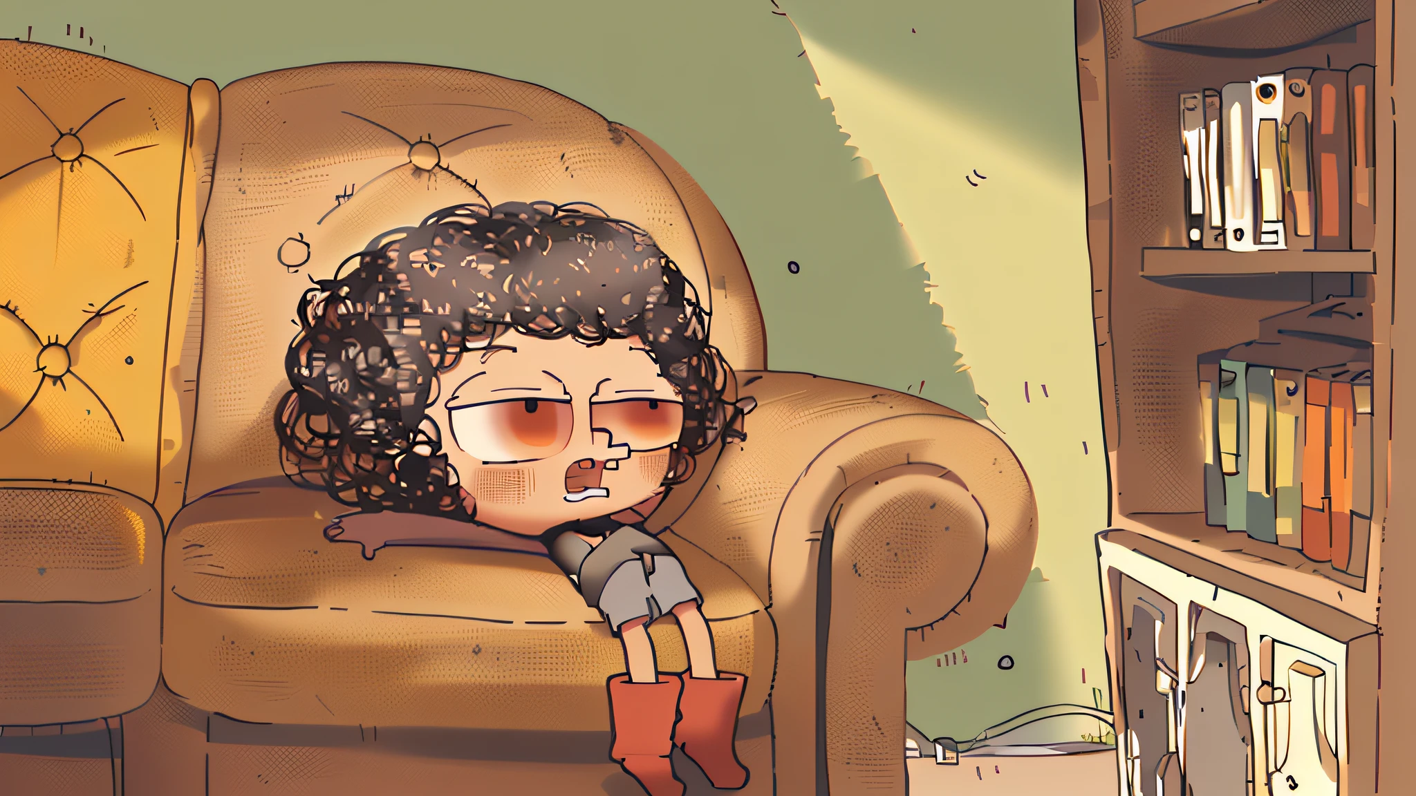 Curly-haired boy watching television with curly hair in black shirt with red shorts and yellow boot, scared by brown skin