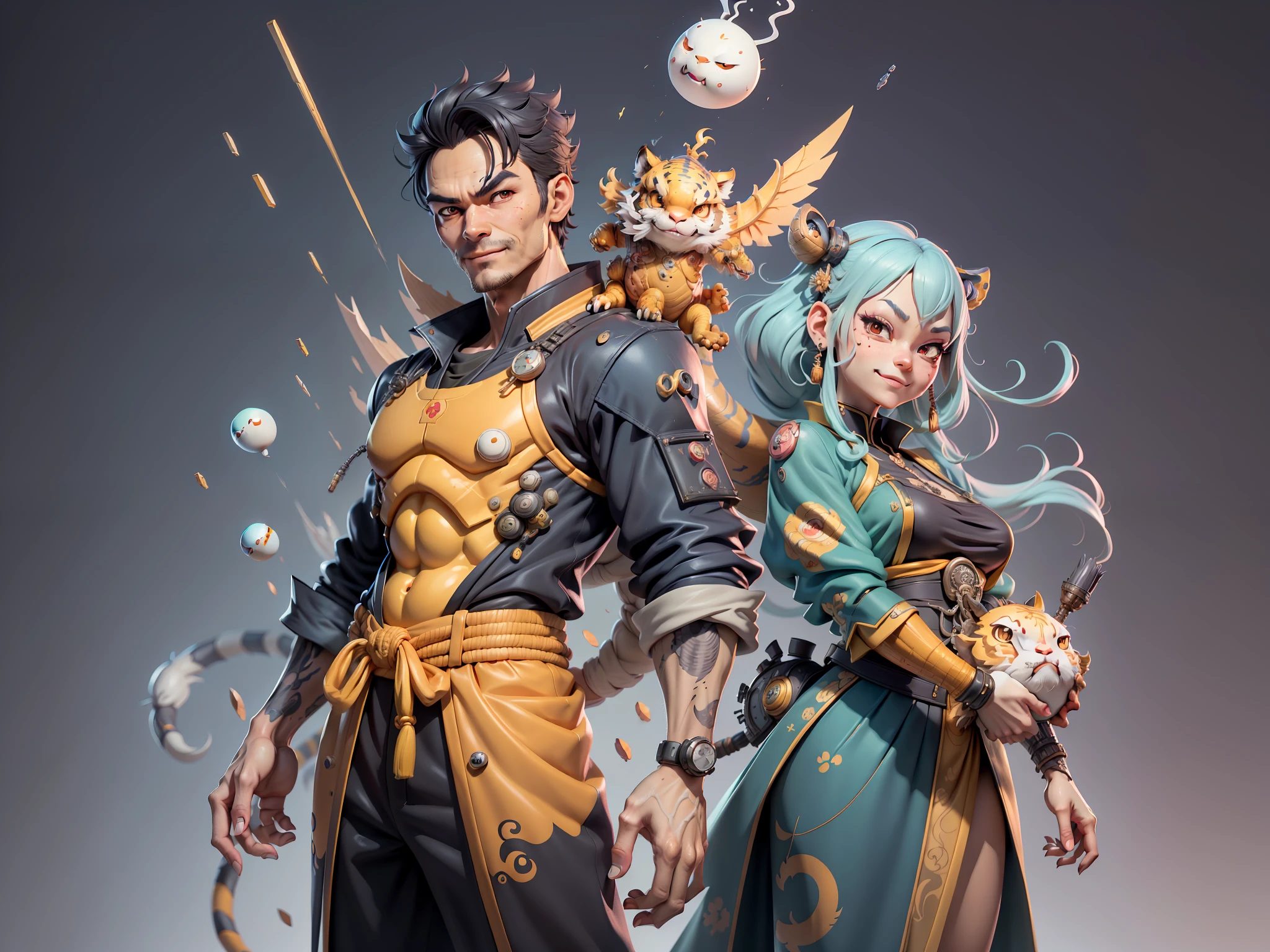 (Masterpiece), (Excellent), (Super Meticulous), (Full Body: 1.2), Super Young Man with Japanese Female Geisha, Beauty, Chinese Dragon, Tiger, Wind God Thor, Sexy, Bursting, Oriental Face, TV Anchor, Bust Portrait Illustration, Black Suit, Blue Tie, Slightly Chubby, Very Clean Face, No Beard, Black Super Short Hair, Black Eyes, Confident Smile, 3c Computer Sub-Products, iPad, iPhone, Digital Painting, 3D Character Design by Mark Claireden and Pixar and Hayao Miyazaki and Akira Toriyama, The illustration is a high-definition illustration in 4K resolution with very detailed facial features and cartoon-style visuals.