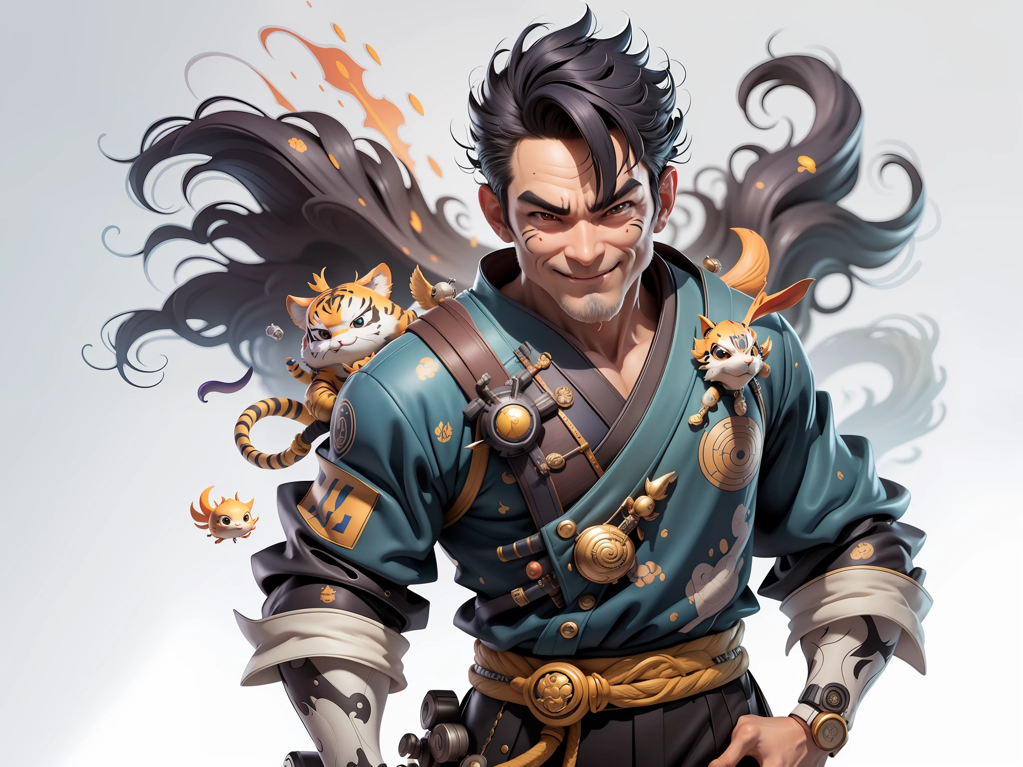 (Masterpiece), (Excellent), (Super Meticulous), (Full Body: 1.2), Super Young Man with Japanese Female Geisha, Beauty, Chinese Dragon, Tiger, Wind God Thor, Sexy, Bursting, Oriental Face, TV Anchor, Bust Portrait Illustration, Black Suit, Blue Tie, Slightly Chubby, Very Clean Face, No Beard, Black Super Short Hair, Black Eyes, Confident Smile, 3c Computer Sub-Products, iPad, iPhone, Digital Painting, 3D Character Design by Mark Claireden and Pixar and Hayao Miyazaki and Akira Toriyama, The illustration is a high-definition illustration in 4K resolution with very detailed facial features and cartoon-style visuals.