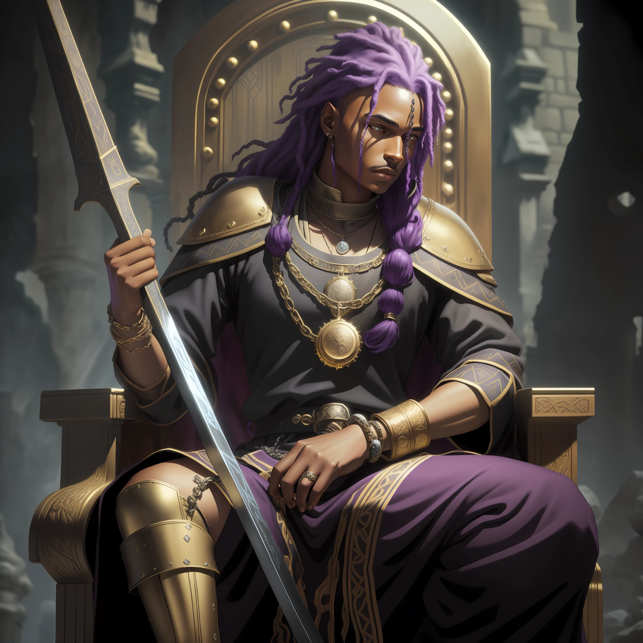 (ultra-detailed, extremely detailed CG unity 8k wallpaper, best quality, masterpiece),sitting on a throne of spades, alonein studio,with gold necklaces and bracelets,the best of all, purple dreads hair,big and bright eyes,wearing black clothes,(Game of Thrones-inspired environment, castle environment:1.3,medieval environment:1.2,fantasy environment),dark skin tone.