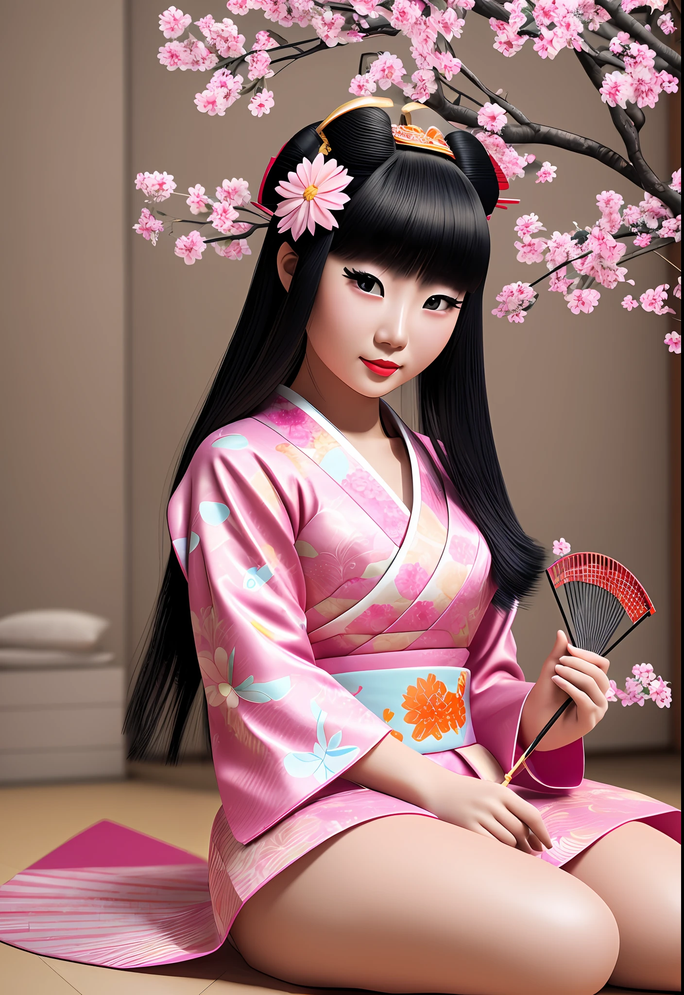 22-year-old Japanese woman, dressed as a geisha, with a Japanese fan in one of her hands, with a light sakura-colored dress, cheerful blue eyes, light pink lipstick lips, long black hair, tied up, background of the image in a Japanese-style house , sitting on the floor, full image. full body image, realistic photo, detailed photo, 3d rendering, vivid and bright colors, realistic image, 12k, 8k image, full photo without head or body cropping --auto --s2