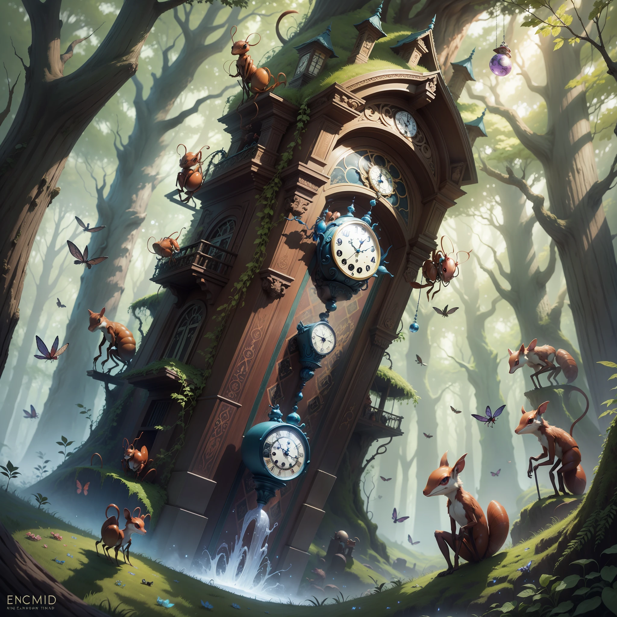 animal ants, riding a magic clock. Enchanted forest. enchanted world. --auto --s2