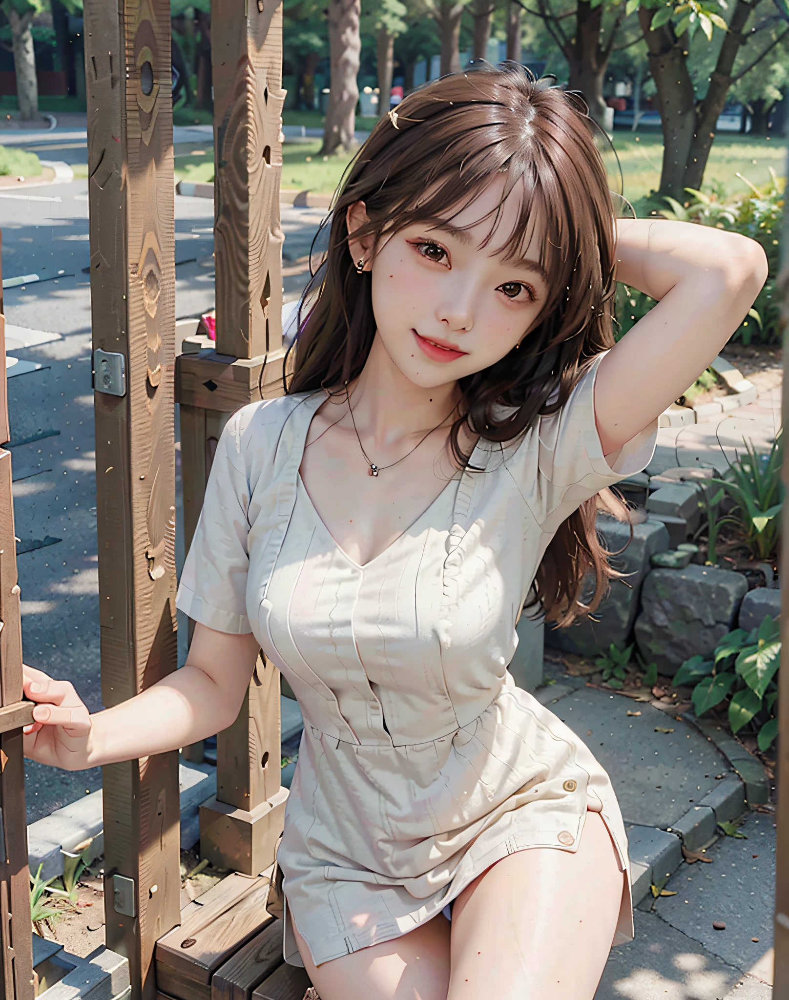 8k,(RAW photo),(best quality), (photo-realistic:1.4),realistic skin texture 1girl,Cute,Double eyelid,bangs,full body,petite,Thin leg,(Slender figure),slim,smile,headgear,earrings,necklace,looking at looking at viewer,face focus,depth of field,club ,(Bust Up Shot:1),Bokeh,,