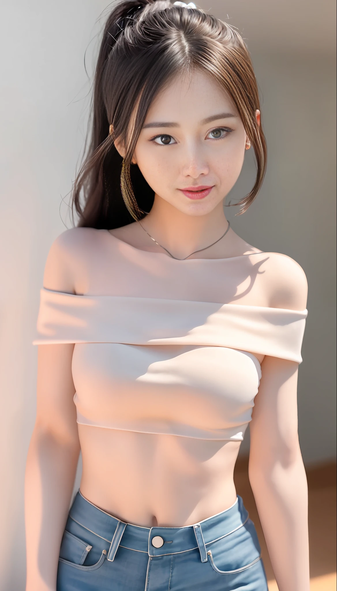 Smiling minchen, mouth closed, balanced eyes, (Best Quality Detail: 1.2), Realistic, 8K HD, Ultra-detailed, High Quality Texture, Intricate Detail, Detailed Texture, Fine Detail, High Detail, Very Detailed CG, Delicate Beautiful Delicate Face, (Delicate Beautiful Delicate Eyes: 1.32), Very Bright Lighting, Ray Tracing, (A Beautiful 25-Year-Old Cute Japanese Lady: 1), Proud, Tall Feminine, Beautiful Legs, Glowing Eyes, Blush, Very White Skin, Perfect Body Petite, Silver Tight Bra, [Brown Skirt]: 1, Stockings and suspenders: 1.2, long hair, short pink skirt, comfortable living room, sun, hands open, earrings, necklace, model, looking at the audience, standing pose, from the side, dynamic pose, front
