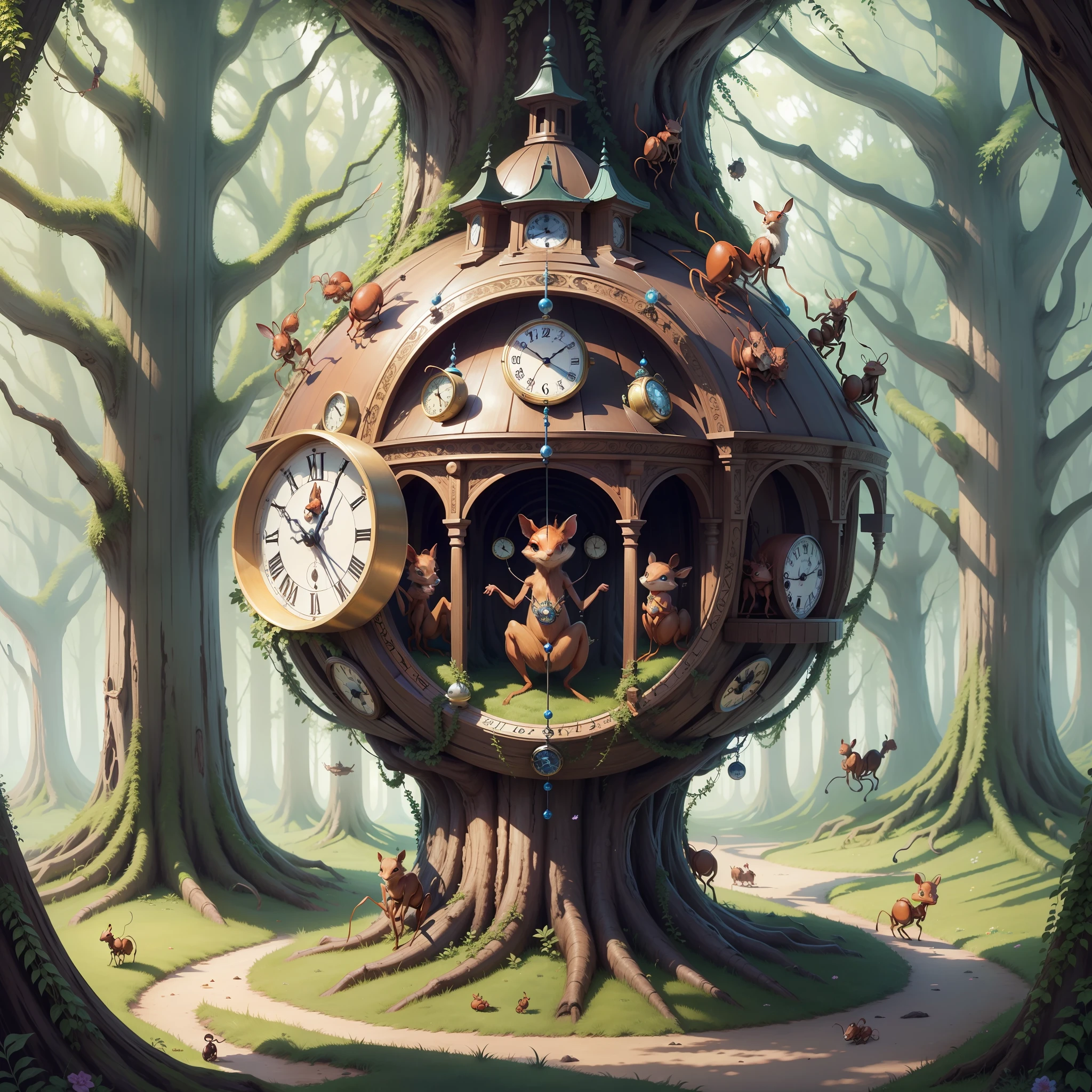 animal ants, riding a magic clock. Enchanted forest. enchanted world. --auto --s2
