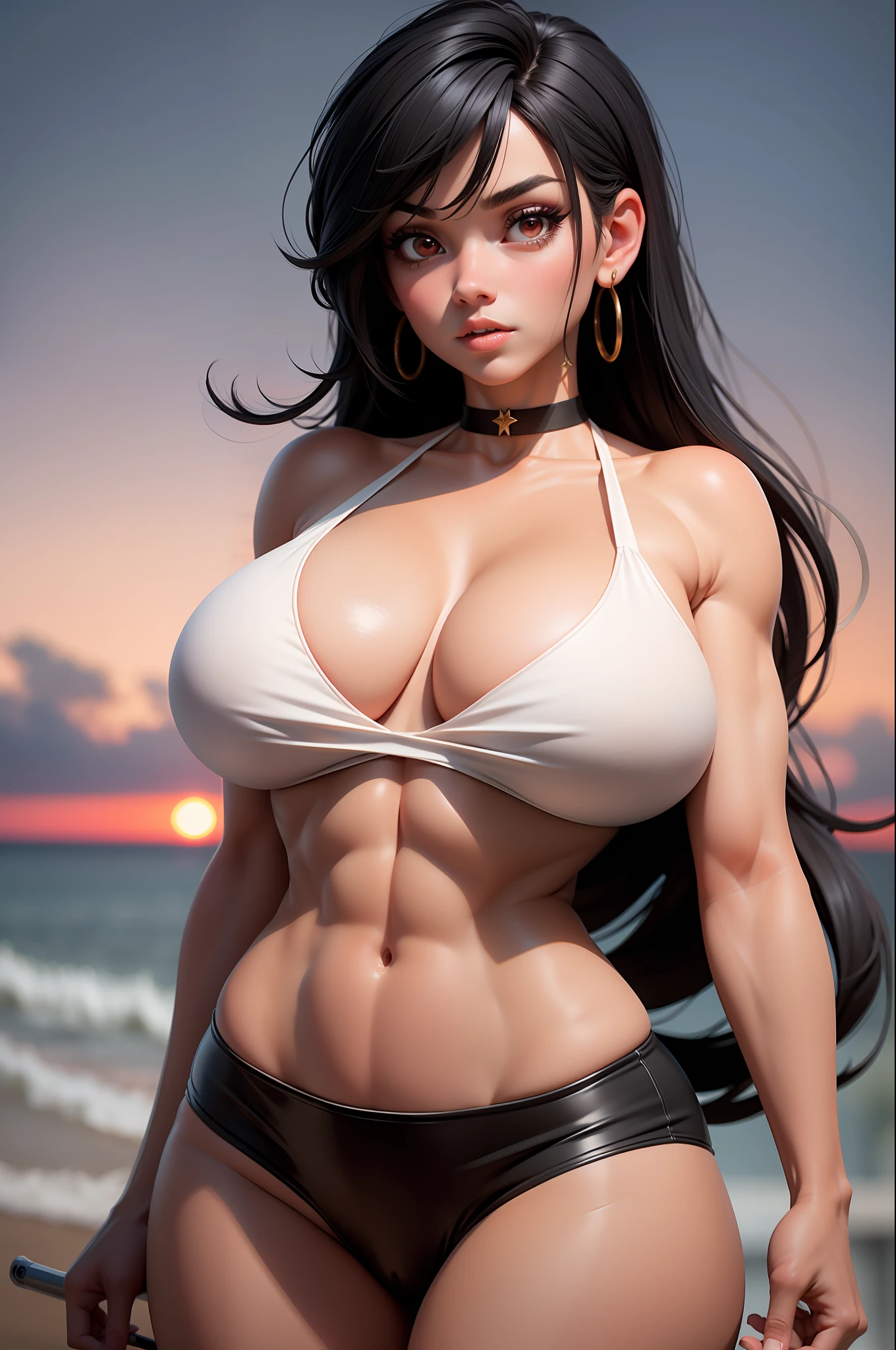 masterpiece, best quality,3d rending work ,3DMM style,close-up, 3D,1girl, solo, black hair, teardropshaped earrings, looking to the side, realistic, upper body, sunset sky background, bangs, looking away, long straight black hair, parted lips, choker, makeup, mole, (white bikini:1.3), red eyes, tifa lockhart, (huge breasts:1.5) enormous droopy breasts, macromastia, cleavage, exposed stomach, toned abs, toned arms, black miniskirt