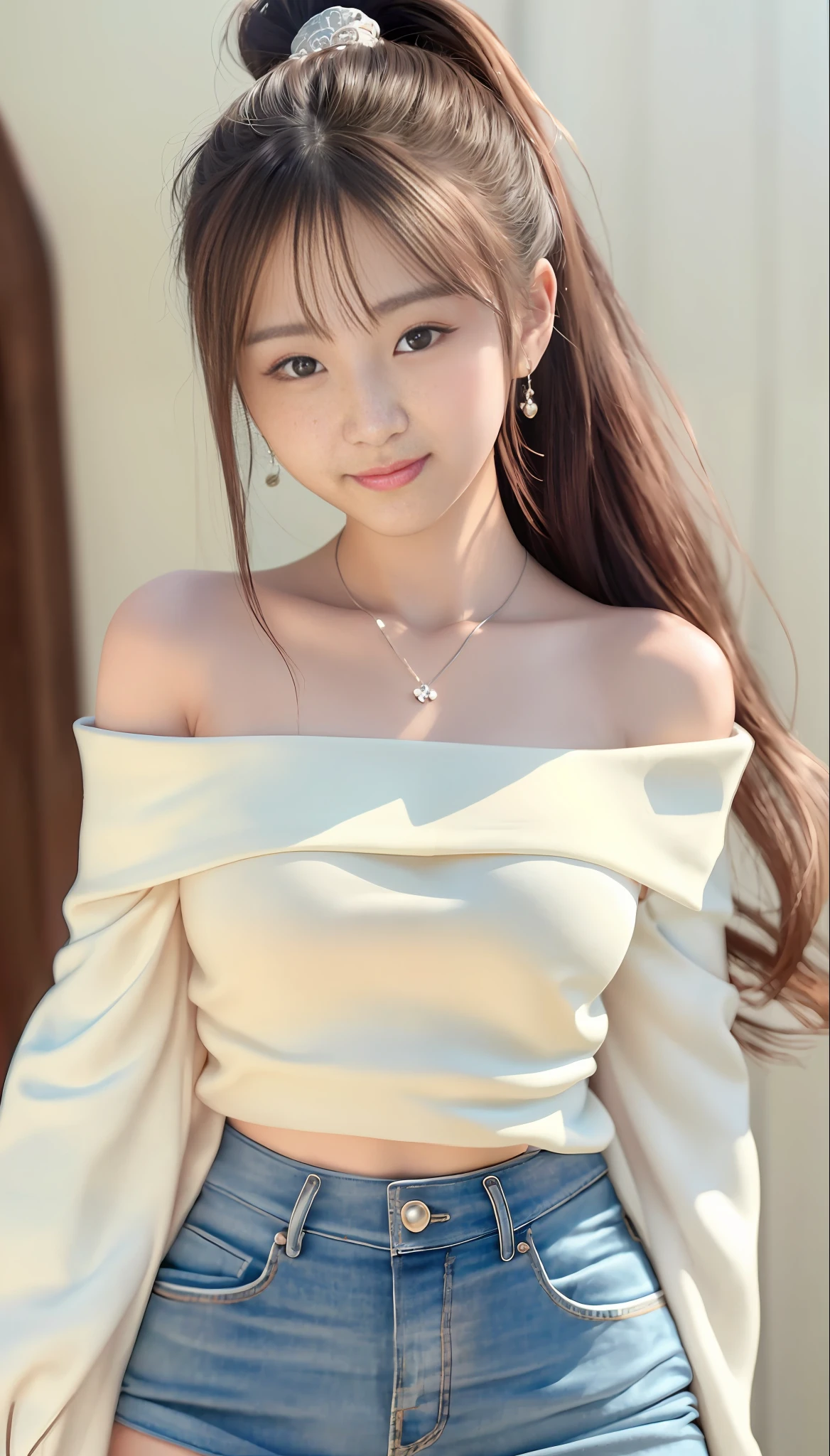 Smiling minchen, mouth closed, balanced eyes, (Best Quality Detail: 1.2), Realistic, 8K HD, Ultra-detailed, High Quality Texture, Intricate Detail, Detailed Texture, Fine Detail, High Detail, Very Detailed CG, Delicate Beautiful Delicate Face, (Delicate Beautiful Delicate Eyes: 1.32), Very Bright Lighting, Ray Tracing, (A Beautiful 25-Year-Old Cute Japanese Lady: 1), Proud, Tall Feminine, Beautiful Legs, Glowing Eyes, Blush, Very White Skin, Perfect Body Petite, Silver Tight Bra, [Brown Skirt]: 1, Stockings and suspenders: 1.2, long hair, short pink skirt, comfortable living room, sun, hands open, earrings, necklace, model, looking at the audience, standing pose, from the side, dynamic pose, front