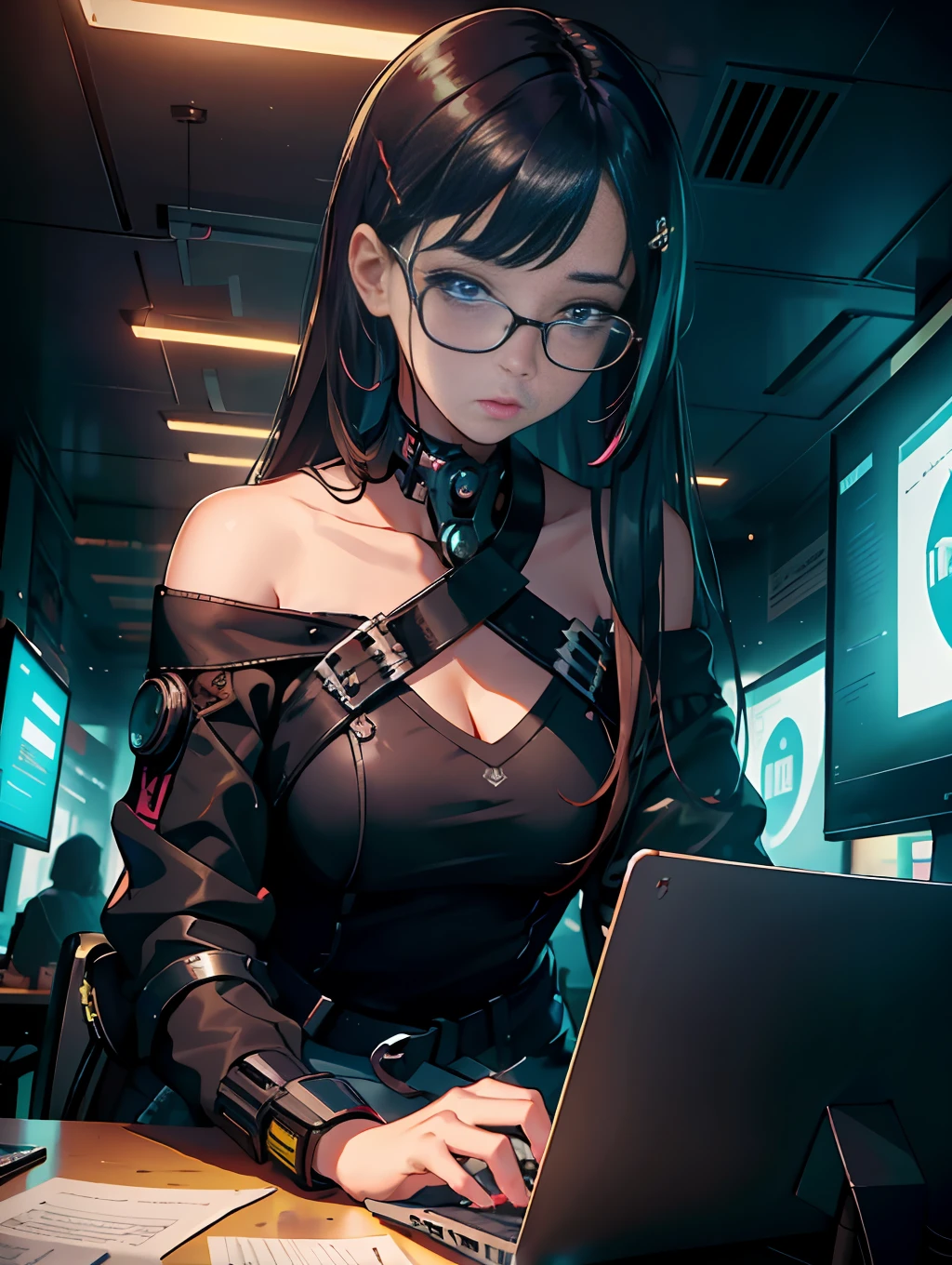 Girl who is reading and studying, female student, computer in the room, sweet looking, willow leaf eyebrows, big eyes, girl with delicate facial features, girl sitting at the computer desk live broadcast, detail portrayal, infinite detail, Tyndall effect, ultra definition, 8K, cyberpunk style, character tracing, ray tracing, modern woman, high value, beauty, intellectual beauty, (cyberpunk style), (cosmopolitan beauty), (sexy), (seductive) (off-the-shoulder)