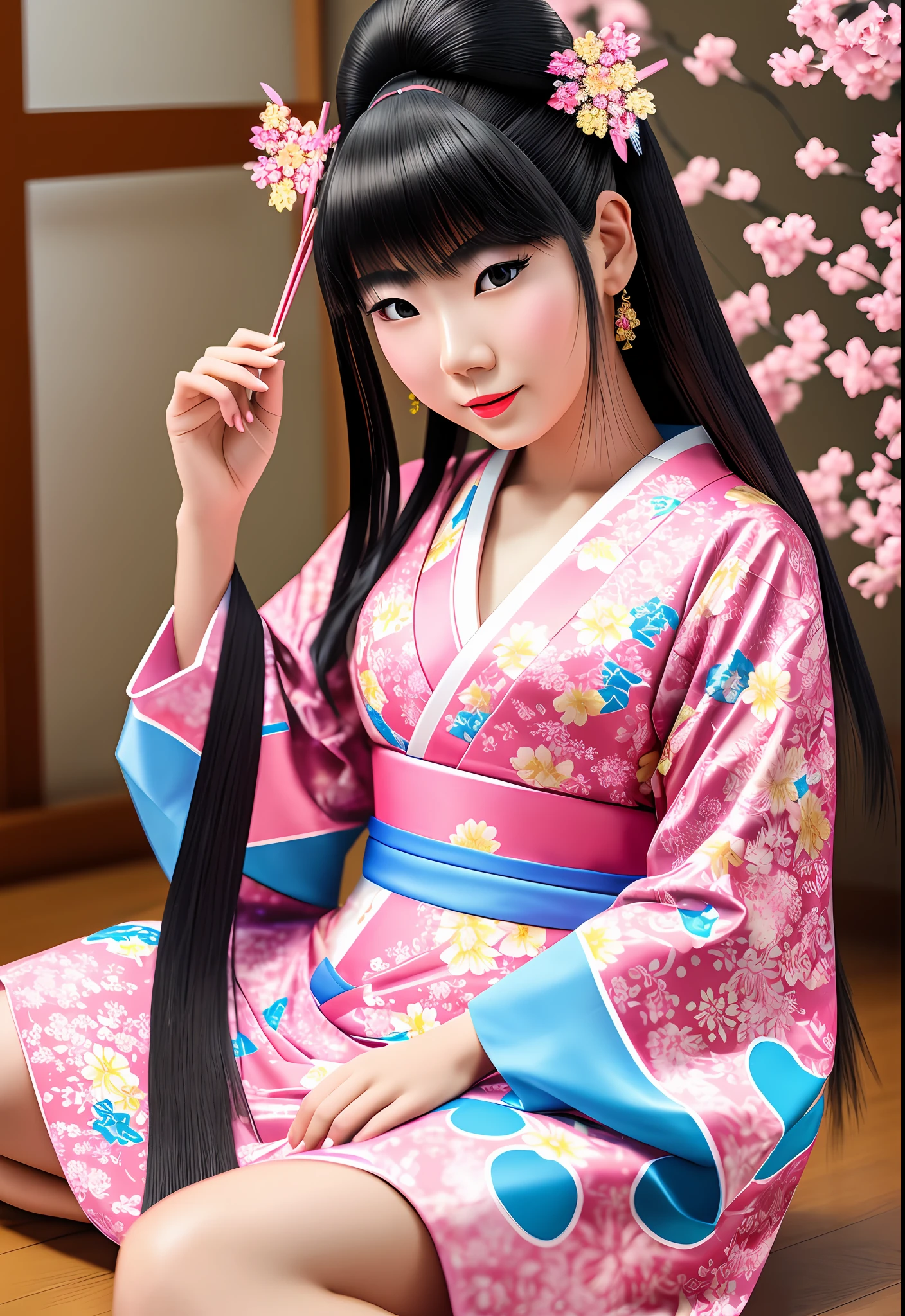 22-year-old Japanese woman, dressed as a geisha, with a Japanese fan in one of her hands, with a light sakura-colored dress, cheerful blue eyes, light pink lipstick lips, long black hair, tied up, background of the image in a Japanese-style house , sitting on the floor, full image. full body image, realistic photo, detailed photo, 3d rendering, vivid and bright colors, realistic image, 12k, 8k image, full photo without head or body cropping --auto --s2
