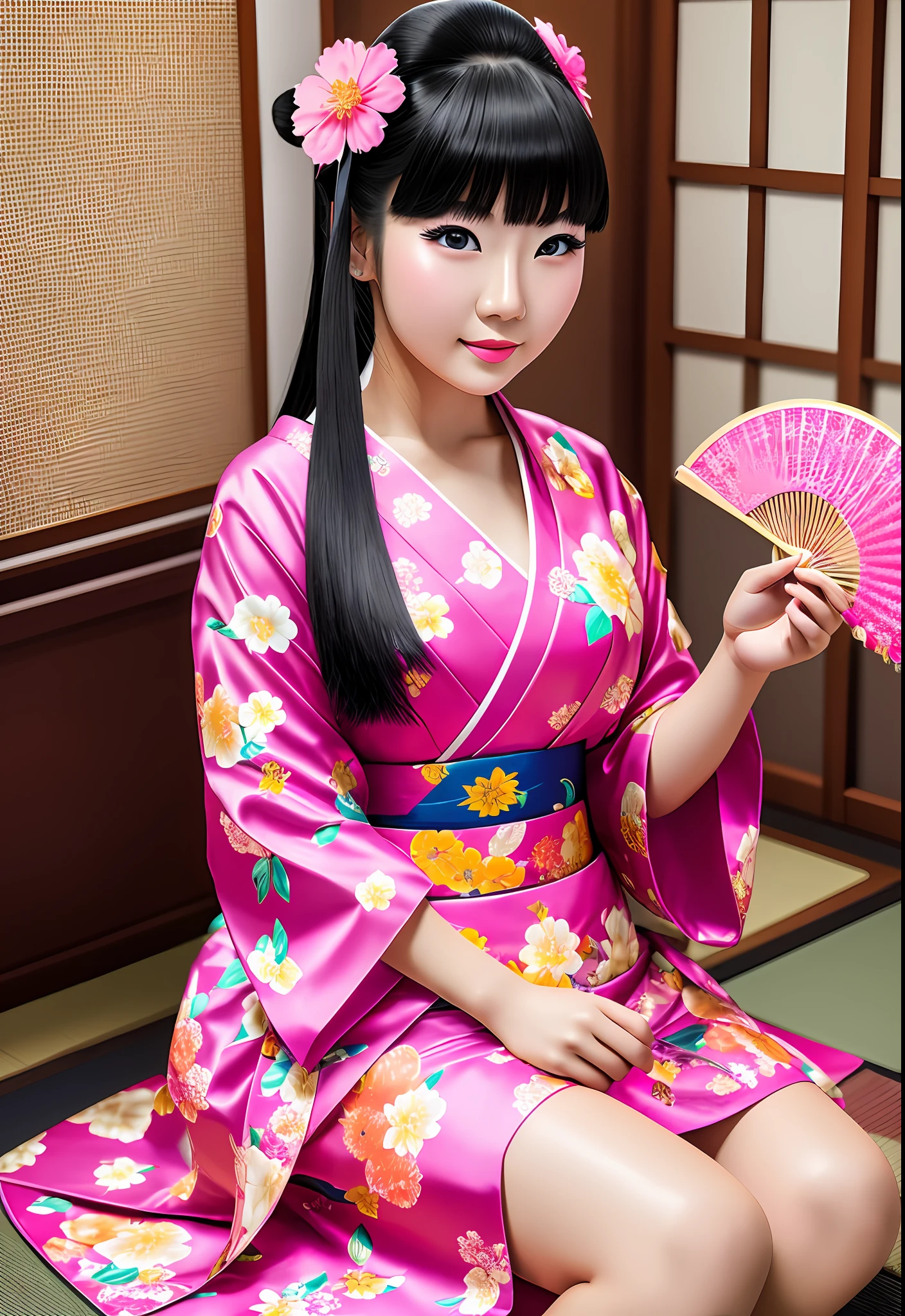 22-year-old Japanese woman, dressed as a geisha, with a Japanese fan in one of her hands, with a light sakura-colored dress, cheerful blue eyes, light pink lipstick lips, long black hair, tied up, background of the image in a Japanese-style house , sitting on the floor, full image. full body image, realistic photo, detailed photo, 3d rendering, vivid and bright colors, realistic image, 12k, 8k image, full photo without head or body cropping --auto --s2