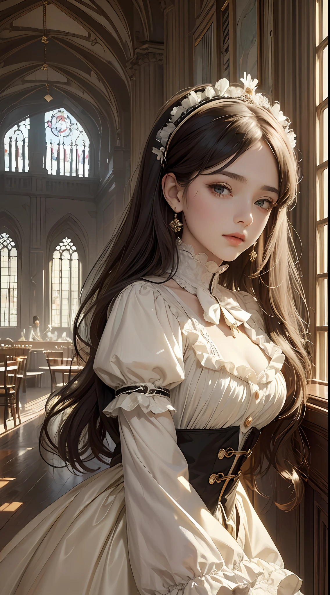 (Pure Color: 0.9), (Color: 1.1), (Masterpiece: 1,2), Best Quality, Masterpiece, High Resolution, Original, Highly Detailed Wallpaper, Beauty, Victorian, Dress, Sad, Small Face, Big Breasts, Sepia Color, 20 years old --auto --s2