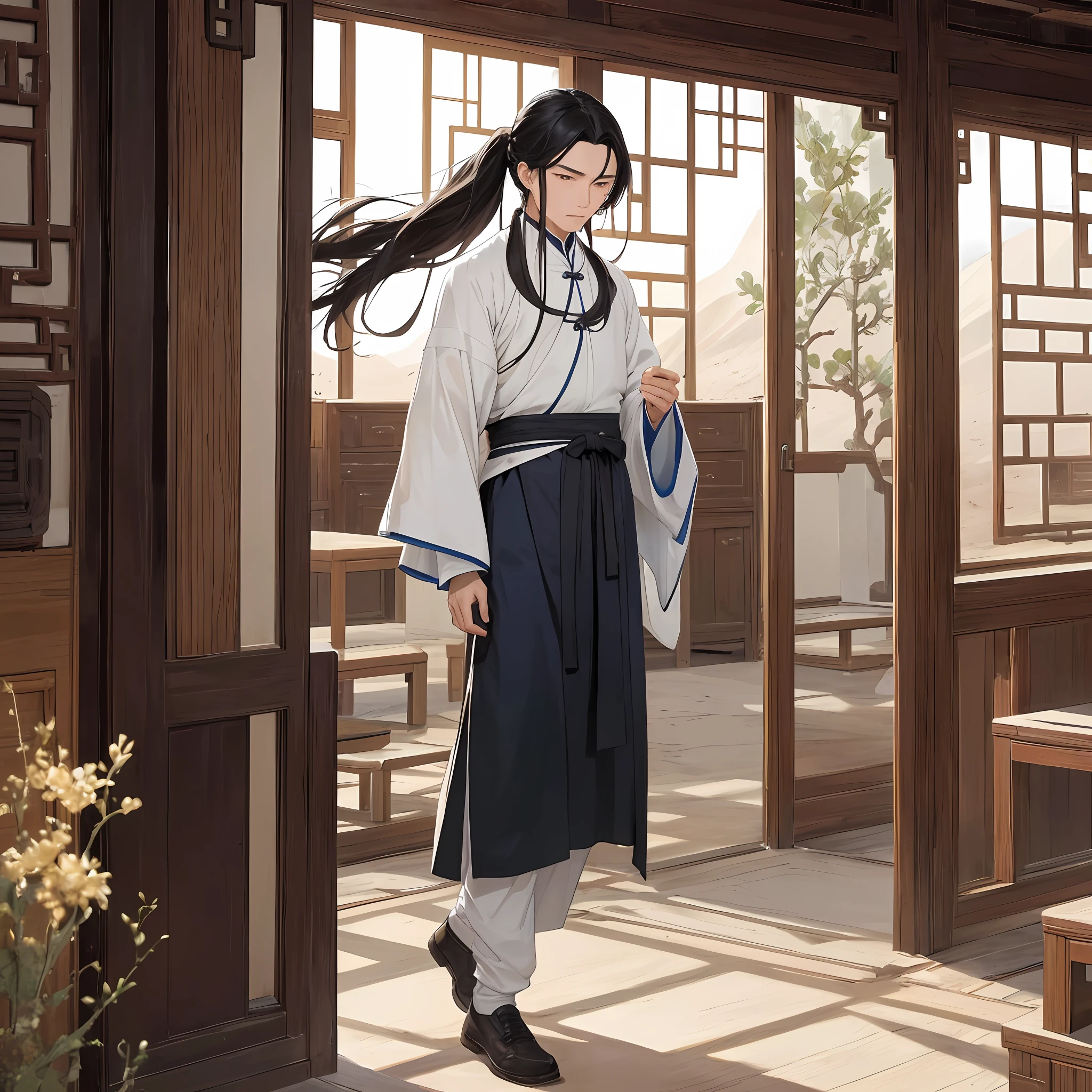 Absurd resolution, high resolution, (masterpiece: 1.4), hyperdetail, ancient Chinese, a man with long black hair, wearing an ancient bachelor's uniform Nanzi walking (1.3), (serious 1.2), wearing ancient Chinese blue underwear pure white, standing in a house in the Chinese Tang Dynasty (1.3), dusk, (walking action 1.5) (desert environment 1.5) (man 1.5)