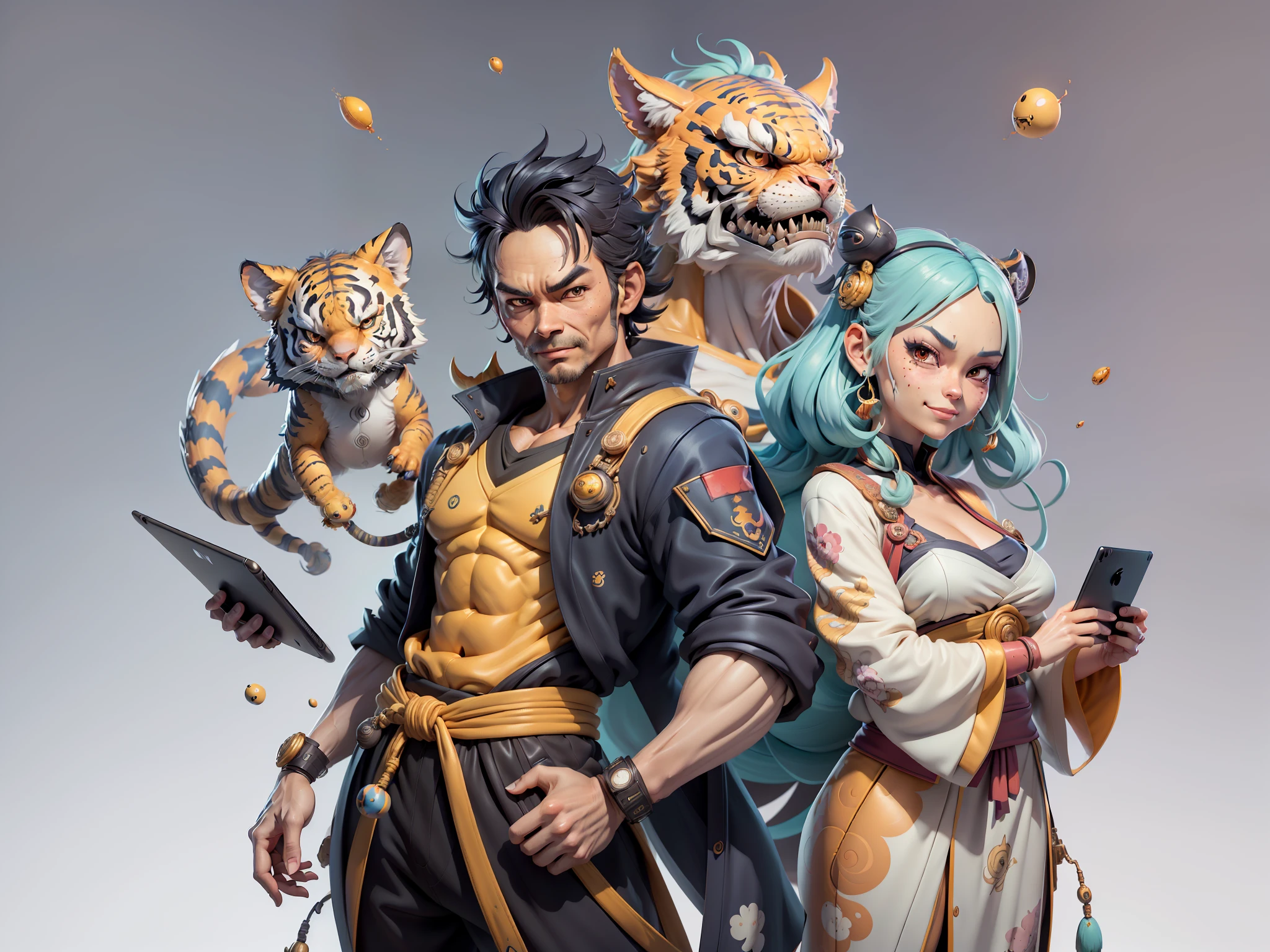 (Masterpiece), (Excellent), (Super Meticulous), (Full Body: 1.2), Super Young Man with Japanese Female Geisha, Beauty, Chinese Dragon, Tiger, Wind God Thor, Sexy, Bursting, Oriental Face, TV Anchor, Bust Portrait Illustration, Black Suit, Blue Tie, Slightly Chubby, Very Clean Face, No Beard, Black Super Short Hair, Black Eyes, Confident Smile, 3c Computer Sub-Products, iPad, iPhone, Digital Painting, 3D Character Design by Mark Claireden and Pixar and Hayao Miyazaki and Akira Toriyama, The illustration is a high-definition illustration in 4K resolution with very detailed facial features and cartoon-style visuals.