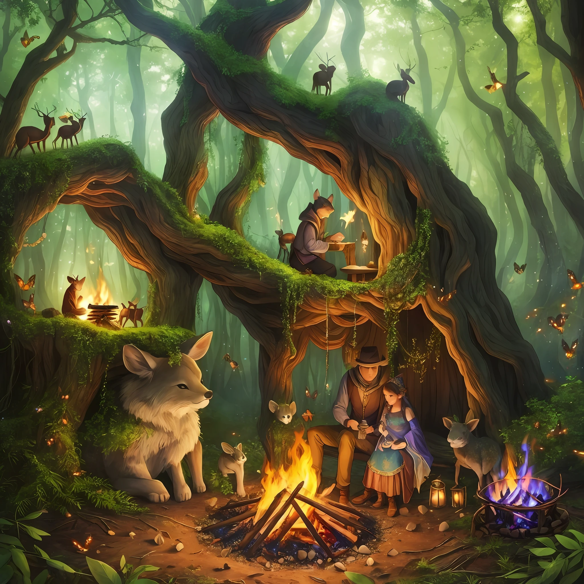 "(mystical forest,magical atmosphere, enchanting campfire:1.1),(crafting:1.2),(ants,animals,forest creatures),(enchanting night),Enter the realm of magic." --auto --s2