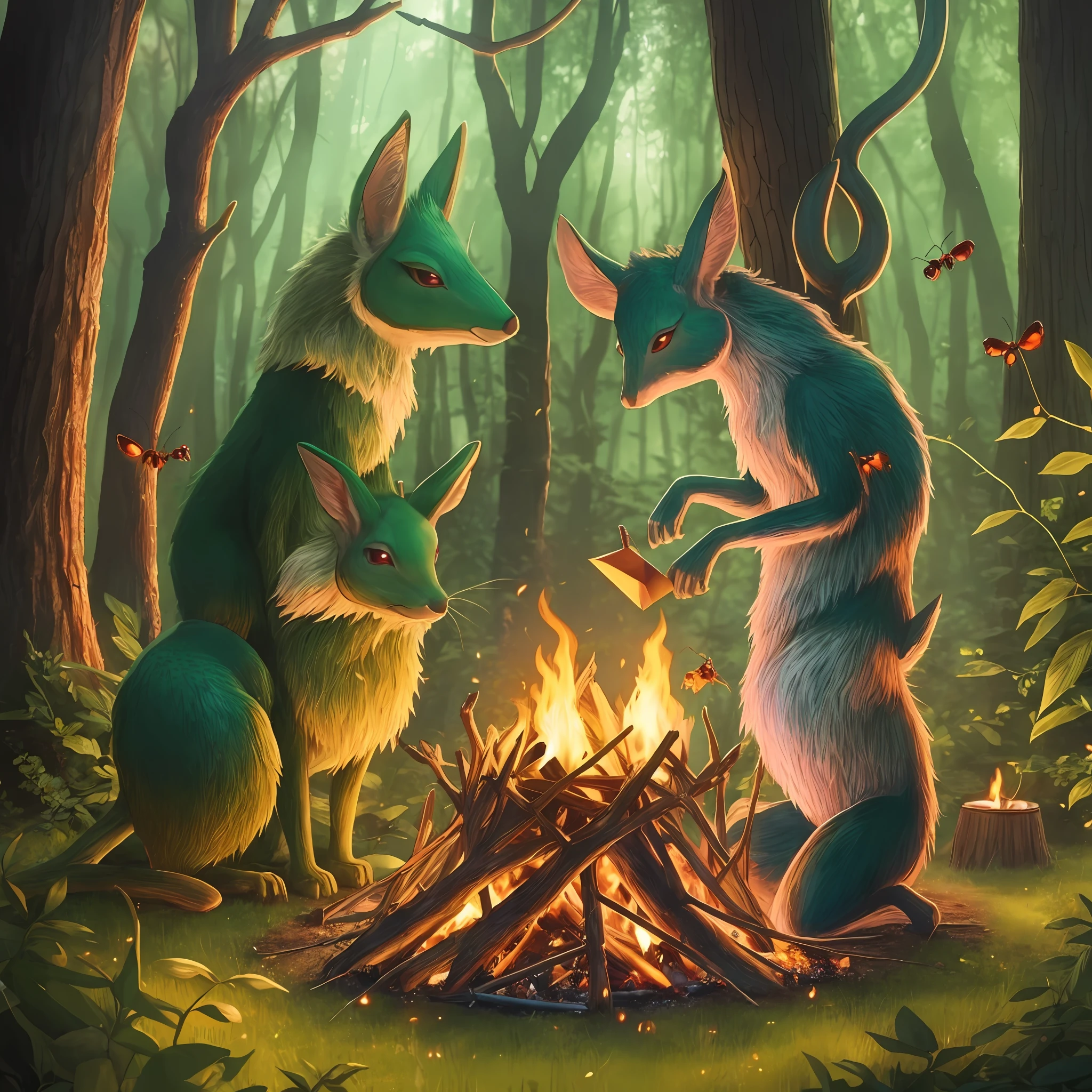 "(mystical forest,magical atmosphere, enchanting campfire:1.1),(crafting:1.2),(ants,animals,forest creatures),(enchanting night),Enter the realm of magic." --auto --s2