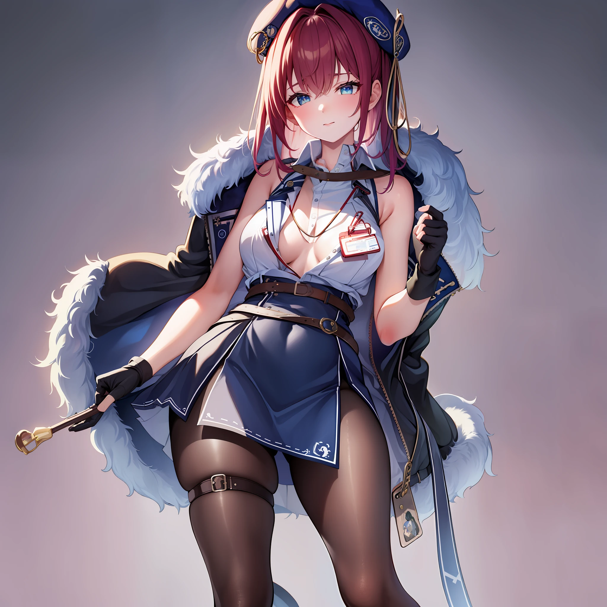 ((Masterpiece)), (Best Quality), marine_beret, Collared Shirt, Sleeveless, High-waisted Skirt, Pantyhose, Blue Jacket, Fur Embellishment, Fingerless Gloves, ID Card, (NSFW: 1.5), Full Body, Solo