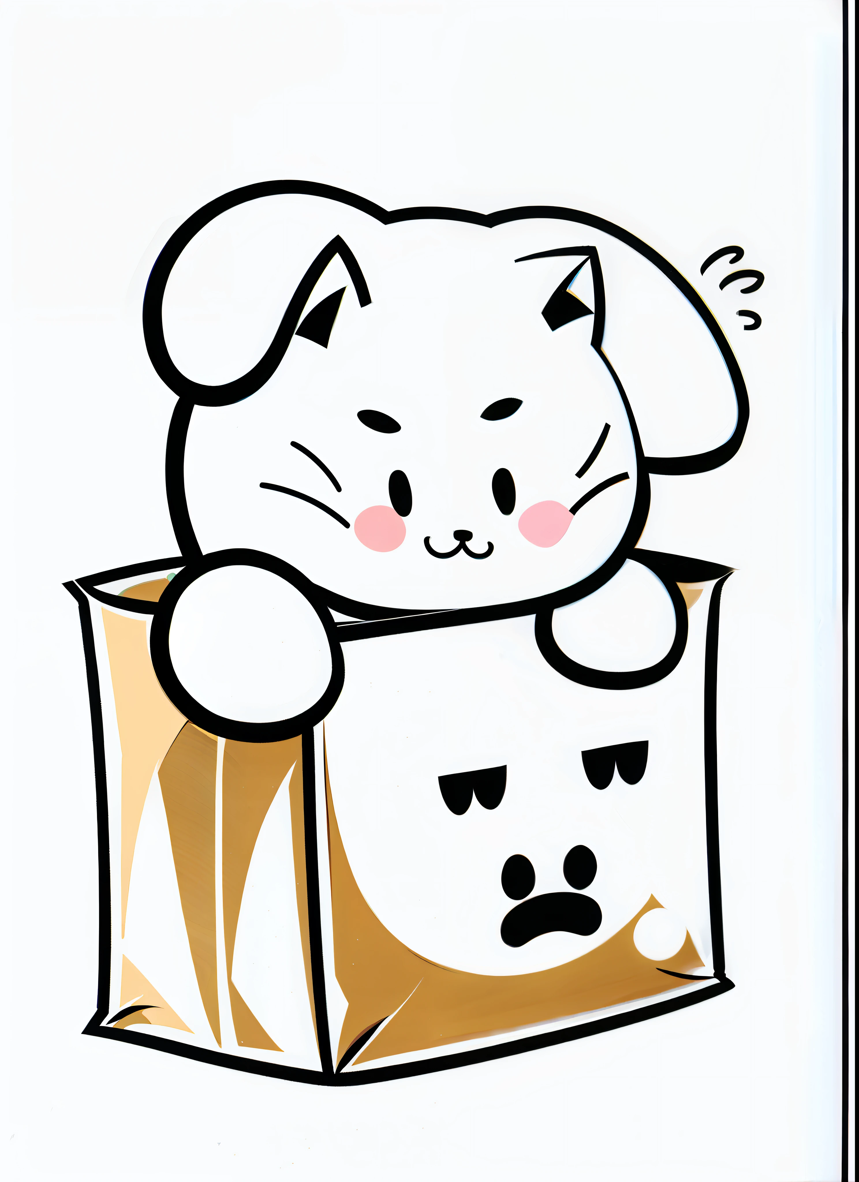 A cute kitten lying on his stomach in a paper bag, ears up, two paws on the bag, cute, like, line drawing