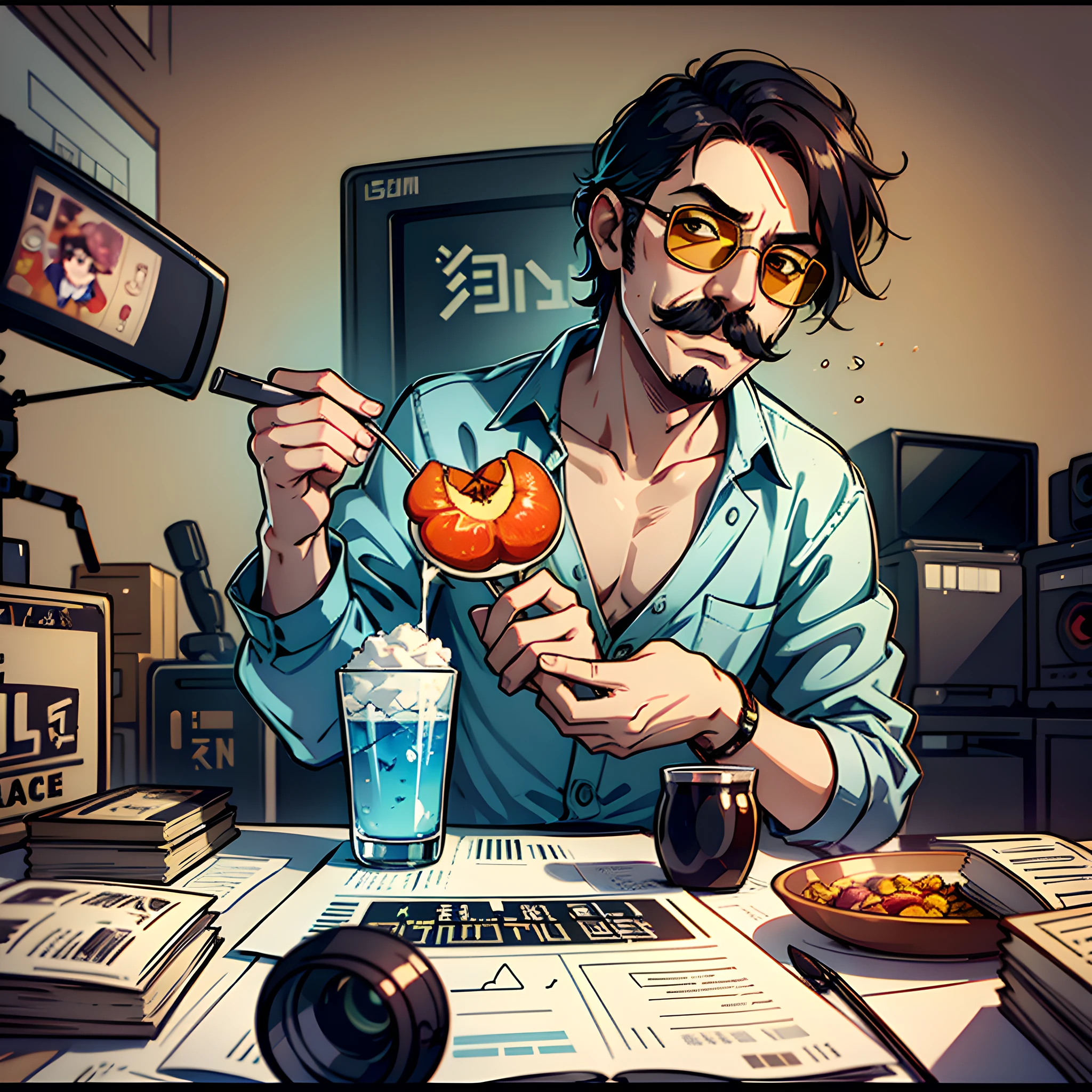 The background content reflects the elements of film and television shooting The theme is film and television editing, the character male mustache sunglasses, Chinese, is being edited in a video, and there is a fairy peach on the table --auto --s2