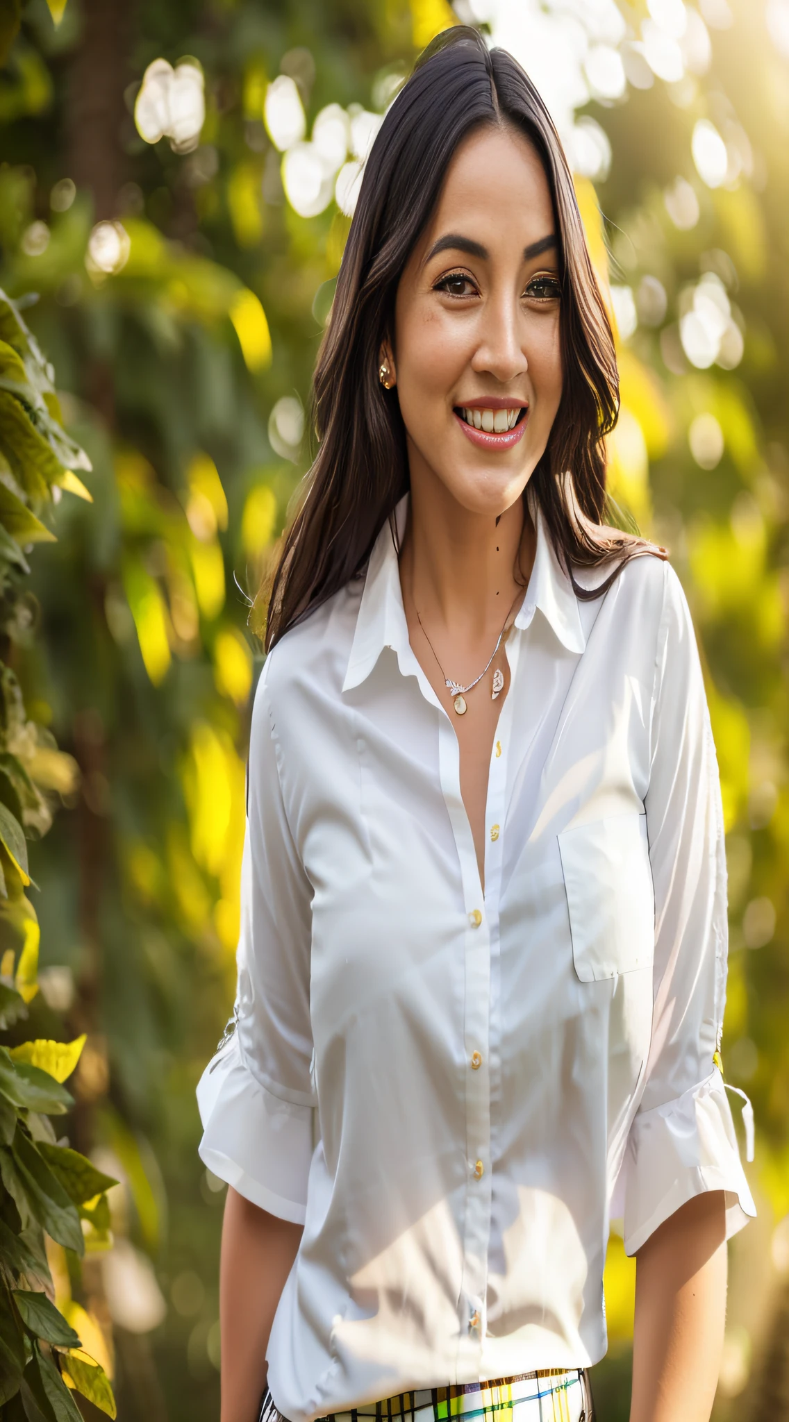 smiling woman in white shirt and plaid skirt standing in front of trees, photo of a beautiful woman, wearing a white button-up shirt, attractive, beautiful and smiling woman, outdoor business portrait, photo of a woman, well-lit professional photo, beautiful woman, smiling woman, dressed in white shirt, wearing a white blouse, beautiful woman, beautiful mexican woman, perfection, anatomy, 4k, ISO, GAB, HD,